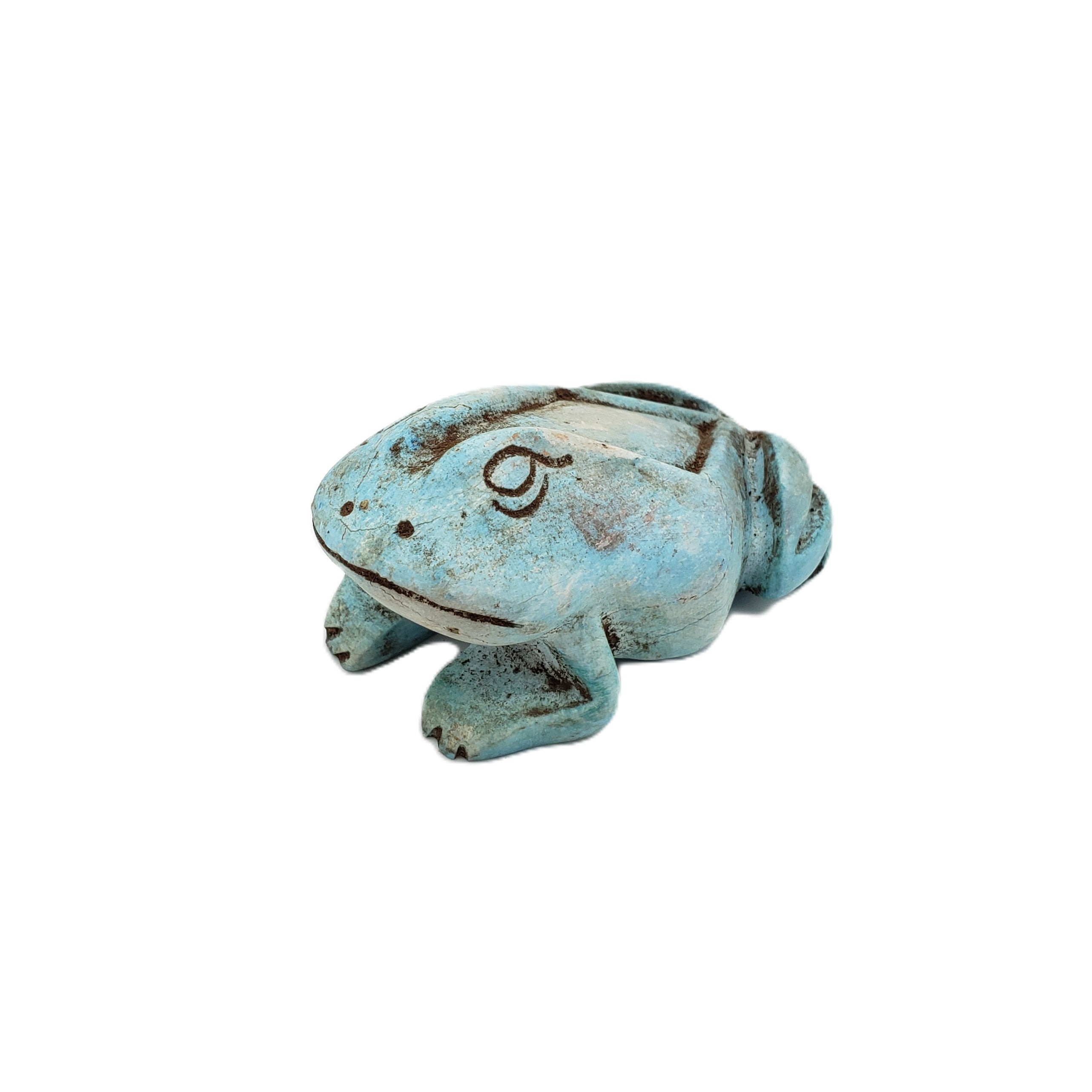 Blue ceramic frog-shaped statue on a white background