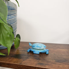 Blue turtle-shaped decorative item on a wooden door with a plant and striped fabric in the background.