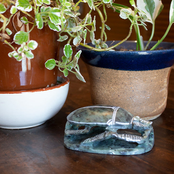 HAND-CARVED SOAPSTONE SCARAB NATURAL GREEN - 4"