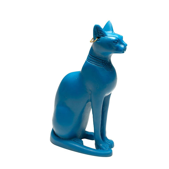 Bastet Cat Statue - Blue with Earring - Made in Egypt