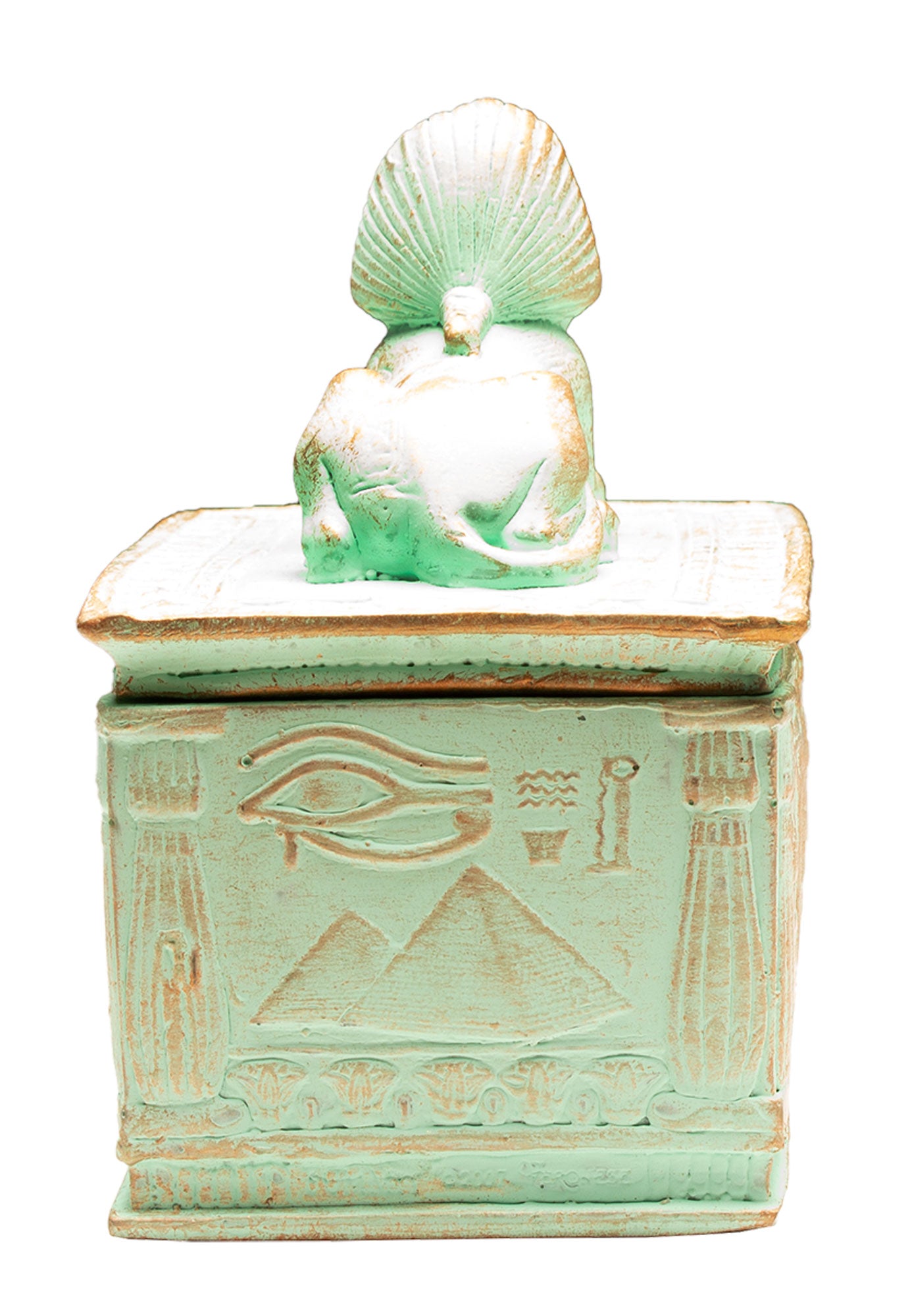 Decorative box with Egyptian-style hieroglyphics and a figure on top, on a white background