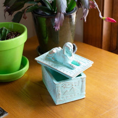 Two potted plants and a decorative box on a wooden surface.