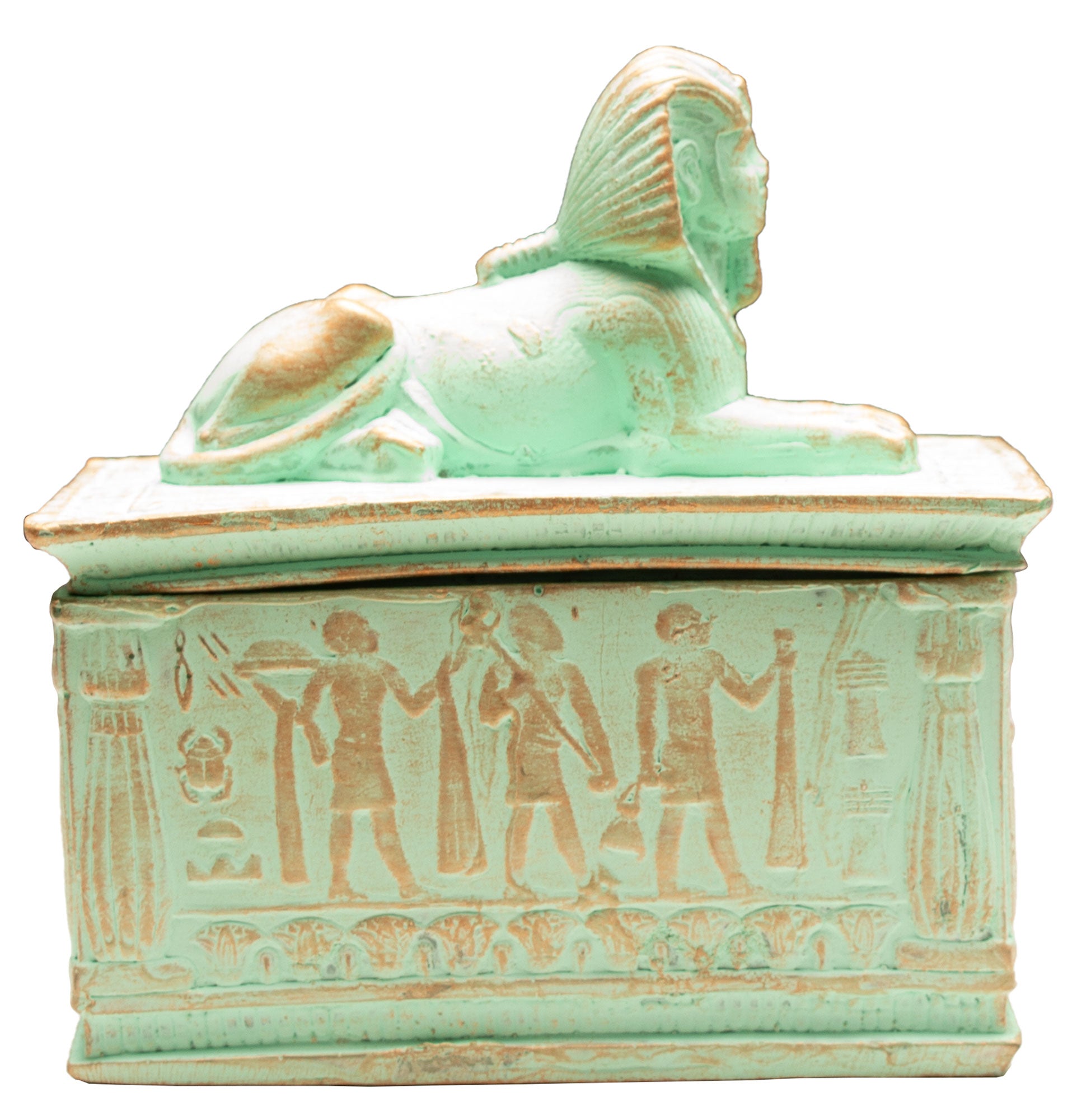 Decorative box with sphinx design on a white background
