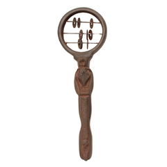 An Egyptian sistrum rattle with a circular frame and a long handle carved with a Ra figure, set against a plain white background.
