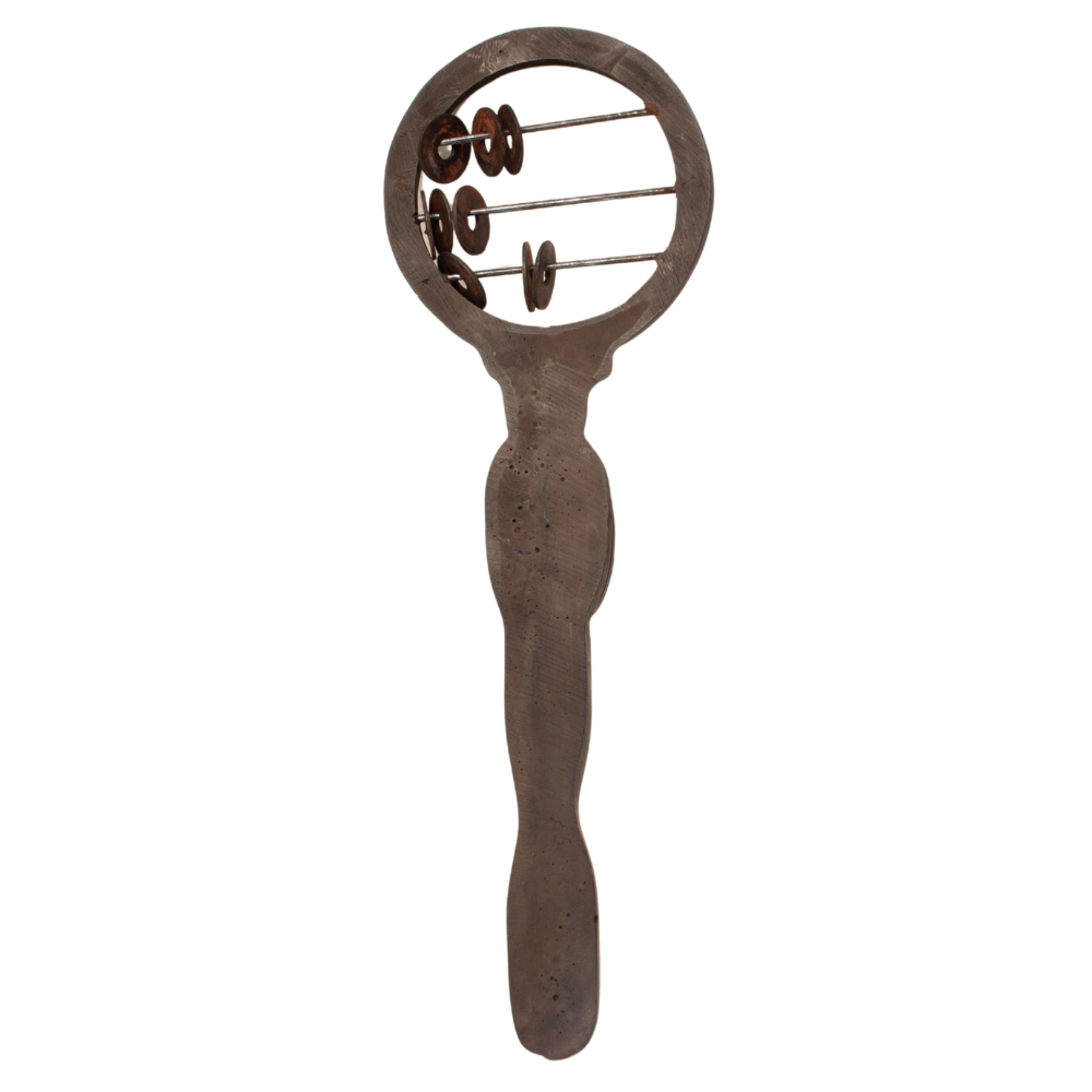 A rustic, handcrafted metal Egyptian sistrum rattle with a textured, weathered brown finish, featuring a circular head with horizontal bars and small hanging loops, set against a plain white background.