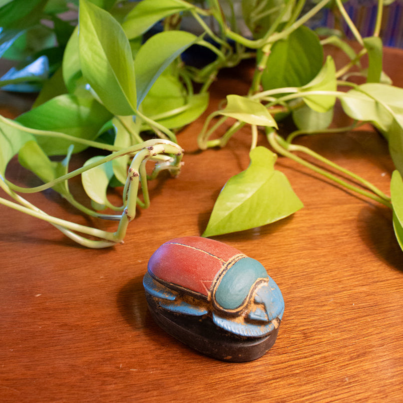 Decorative stone with a beetle design on a wooden surface with green leaves in the background