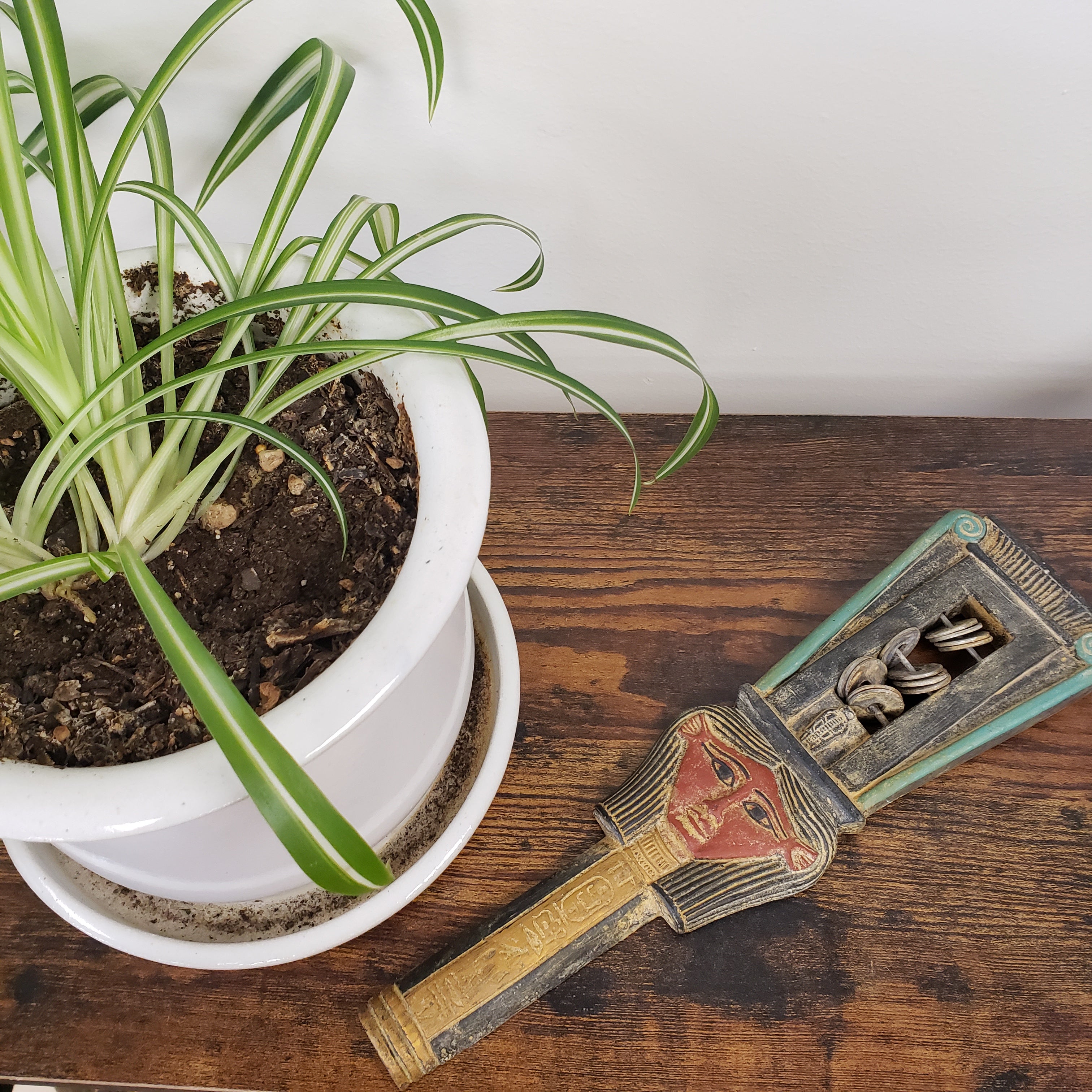 Vintage-style garden trowel with a face design next to a potted plant on a wooden surface.