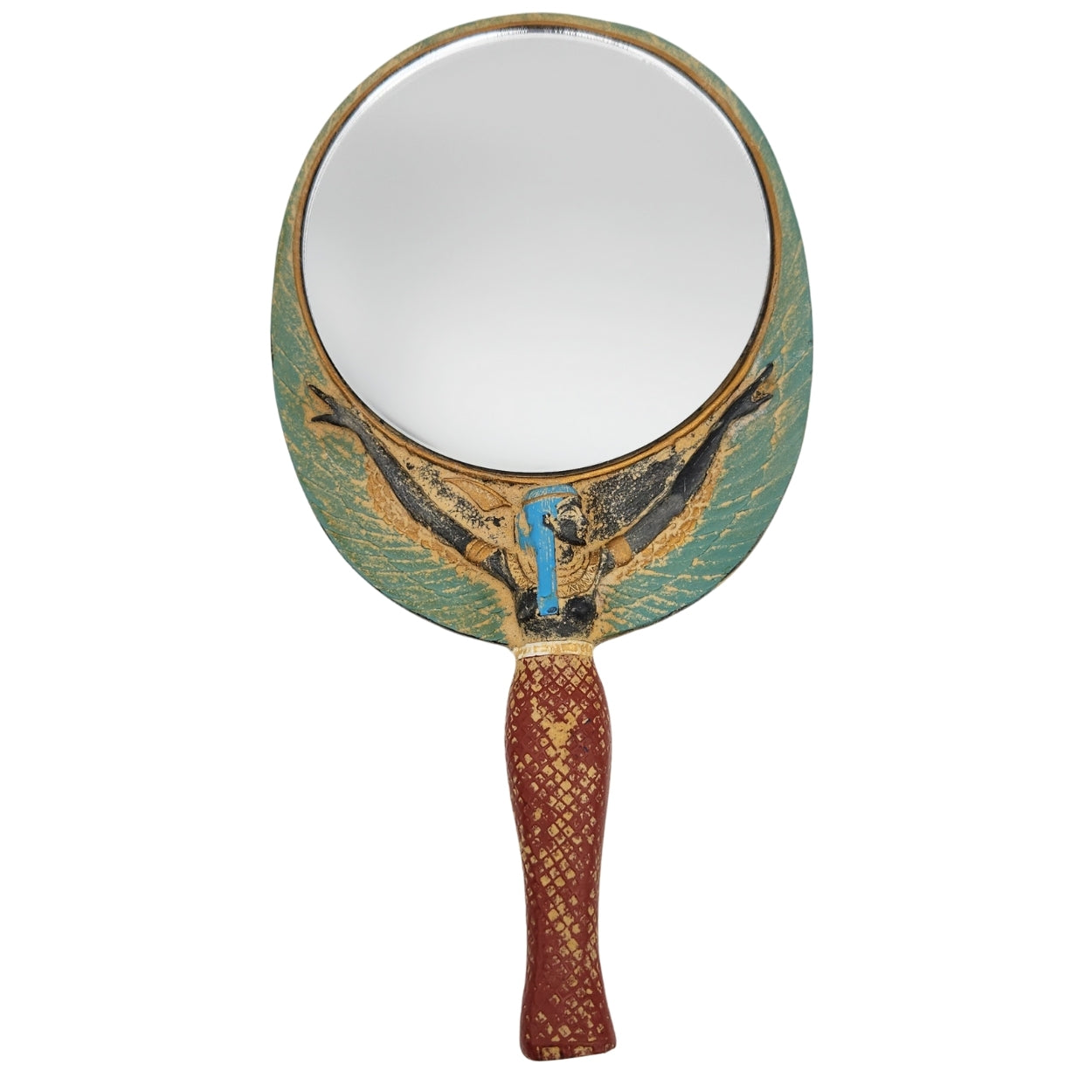 Decorative hand mirror with a handle on a white background