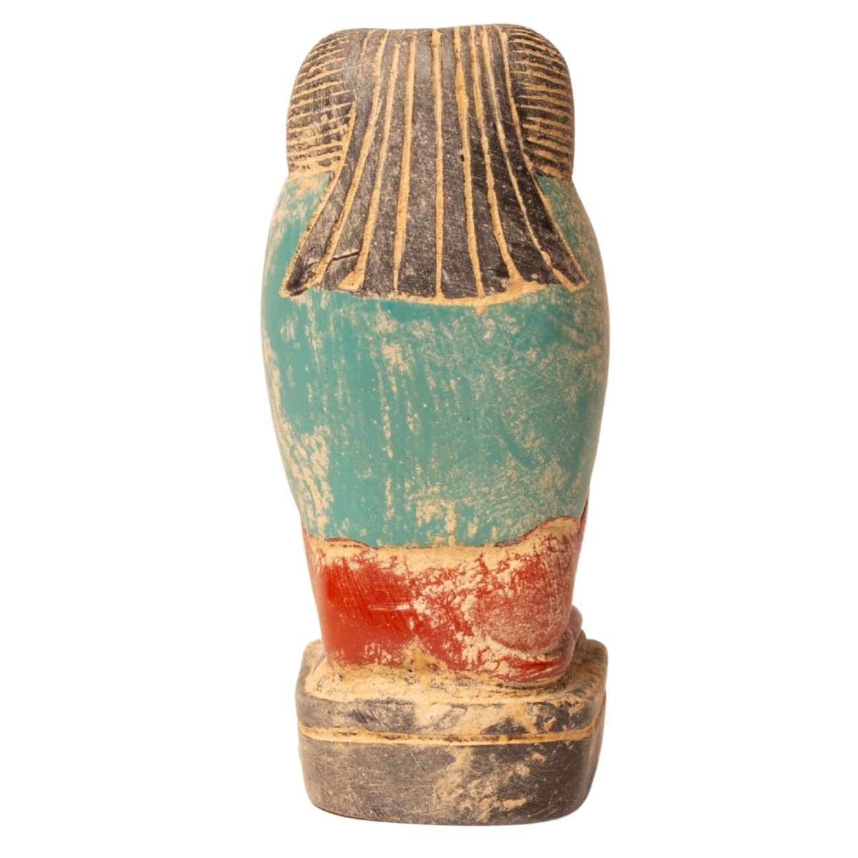 Decorative statue with a textured surface and multicolored design on a white background