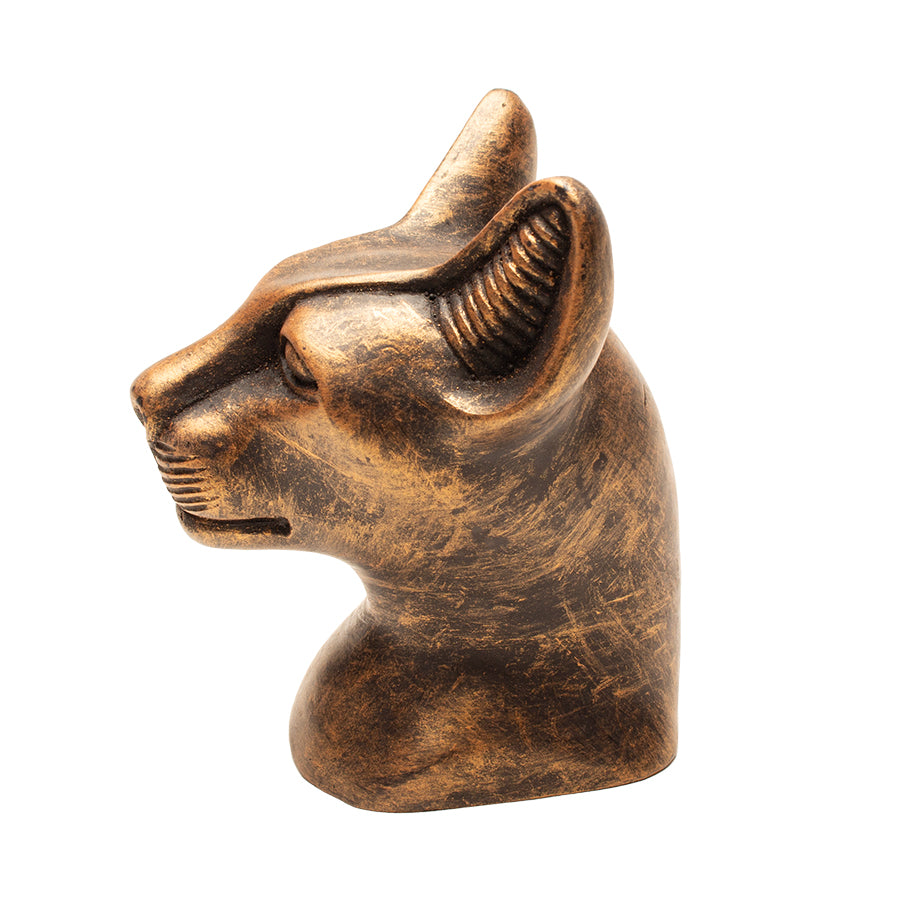 Bronze statue of a cat head on a white background