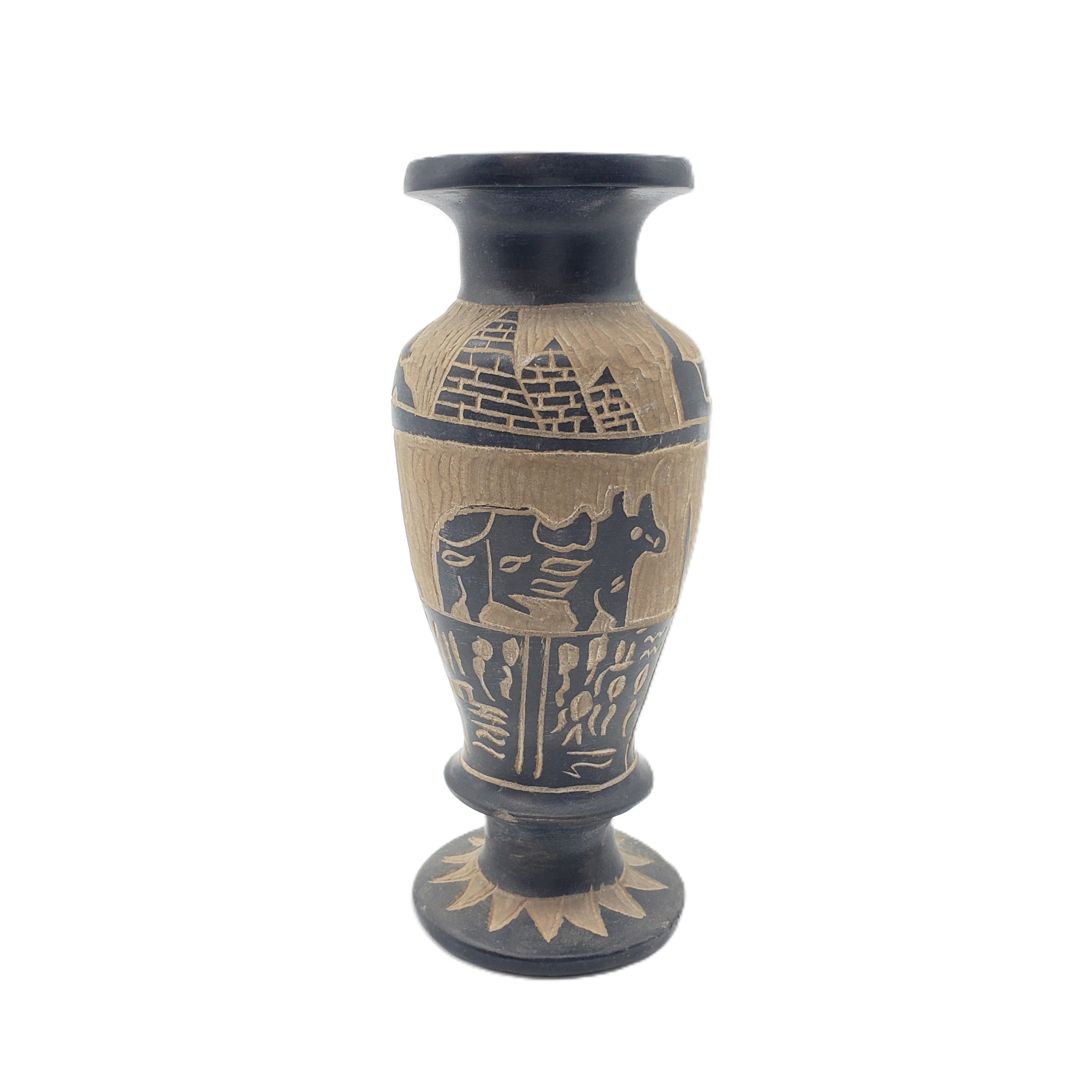 Decorative vase with black and beige patterns on a white background