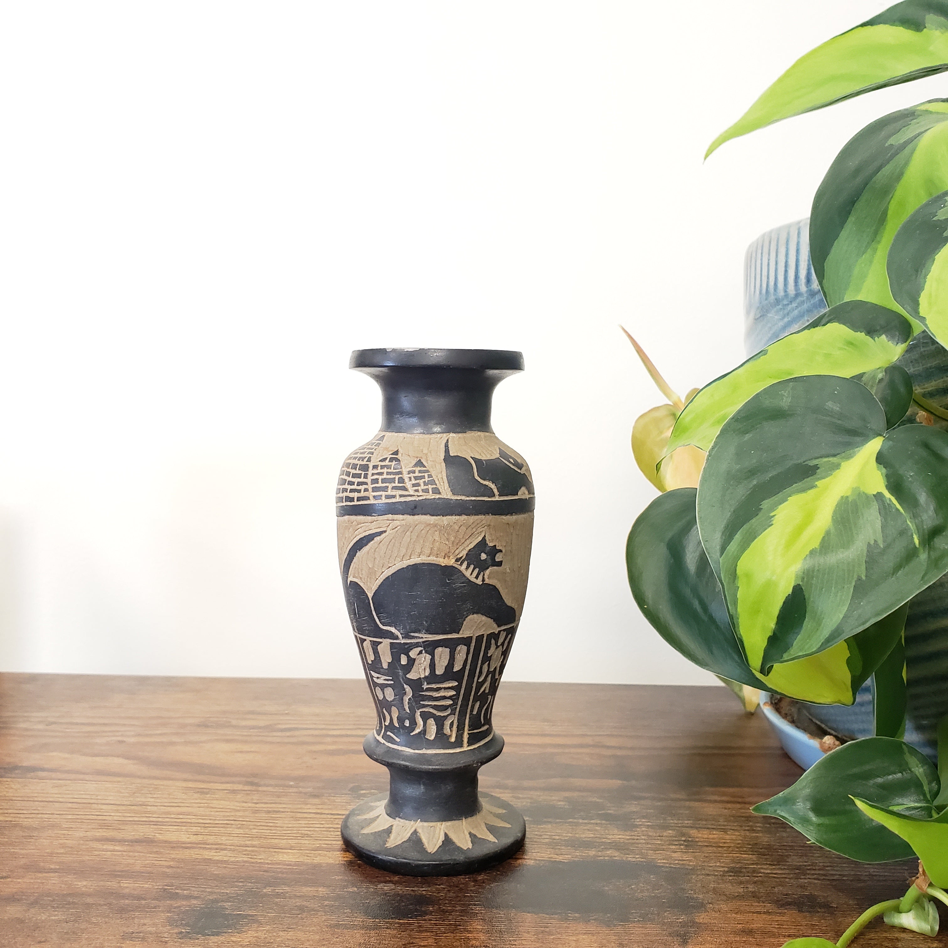 Decorative vase with intricate designs on a wooden surface with a plant in the background