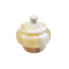 Decorative jar with a white and beige marbled pattern on a white background