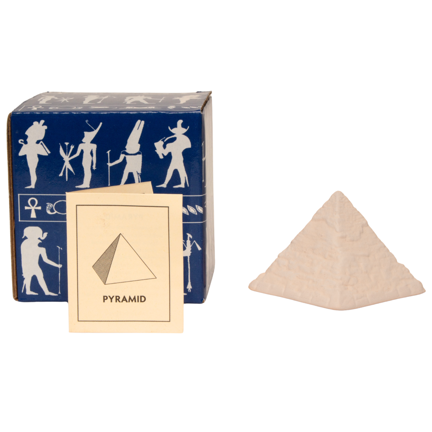 A small pyramid-shaped stone shown beside its blue illustrated box and a card labeled PYRAMID on a white background.