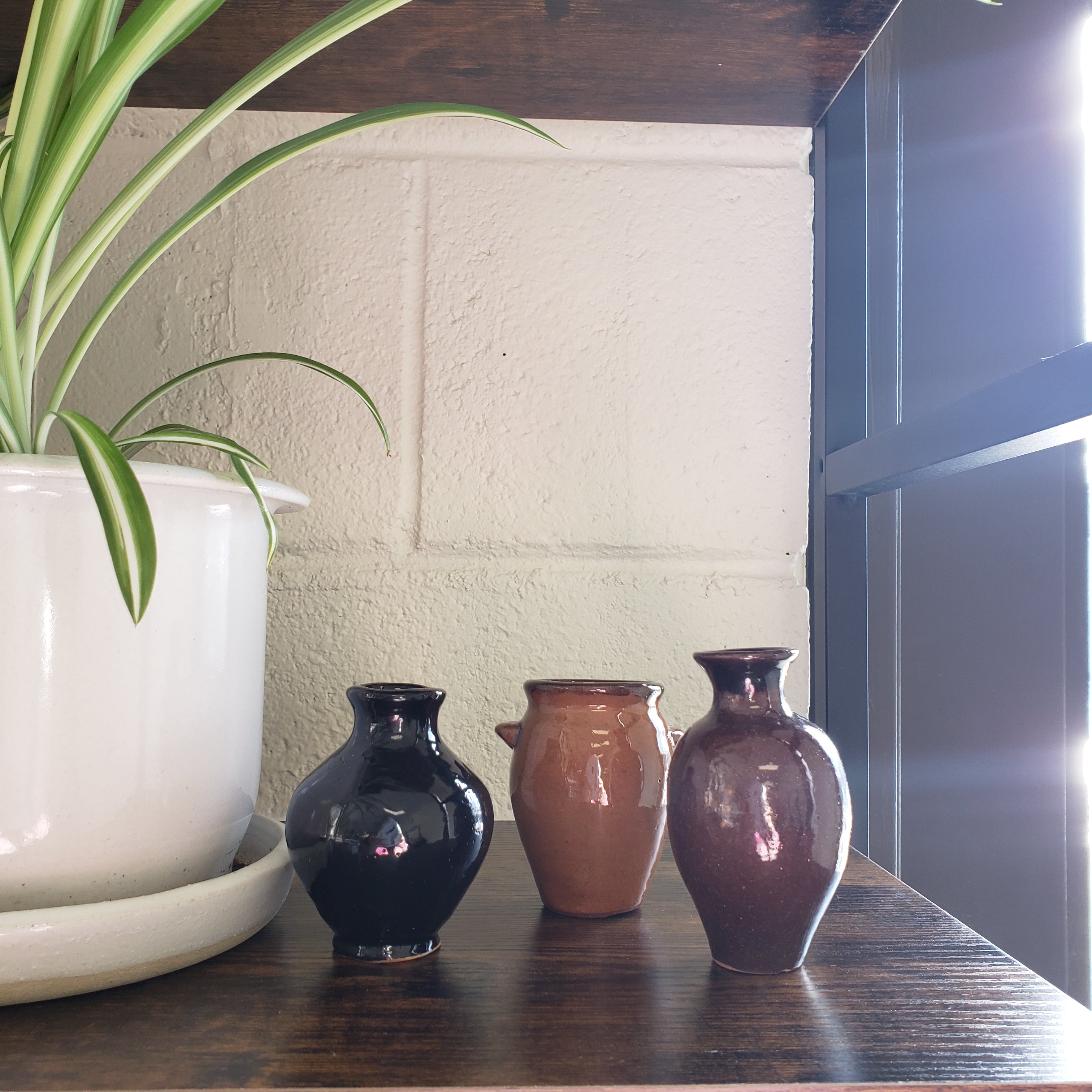 Two ceramic vases on a white surface with a plant in the foreground.