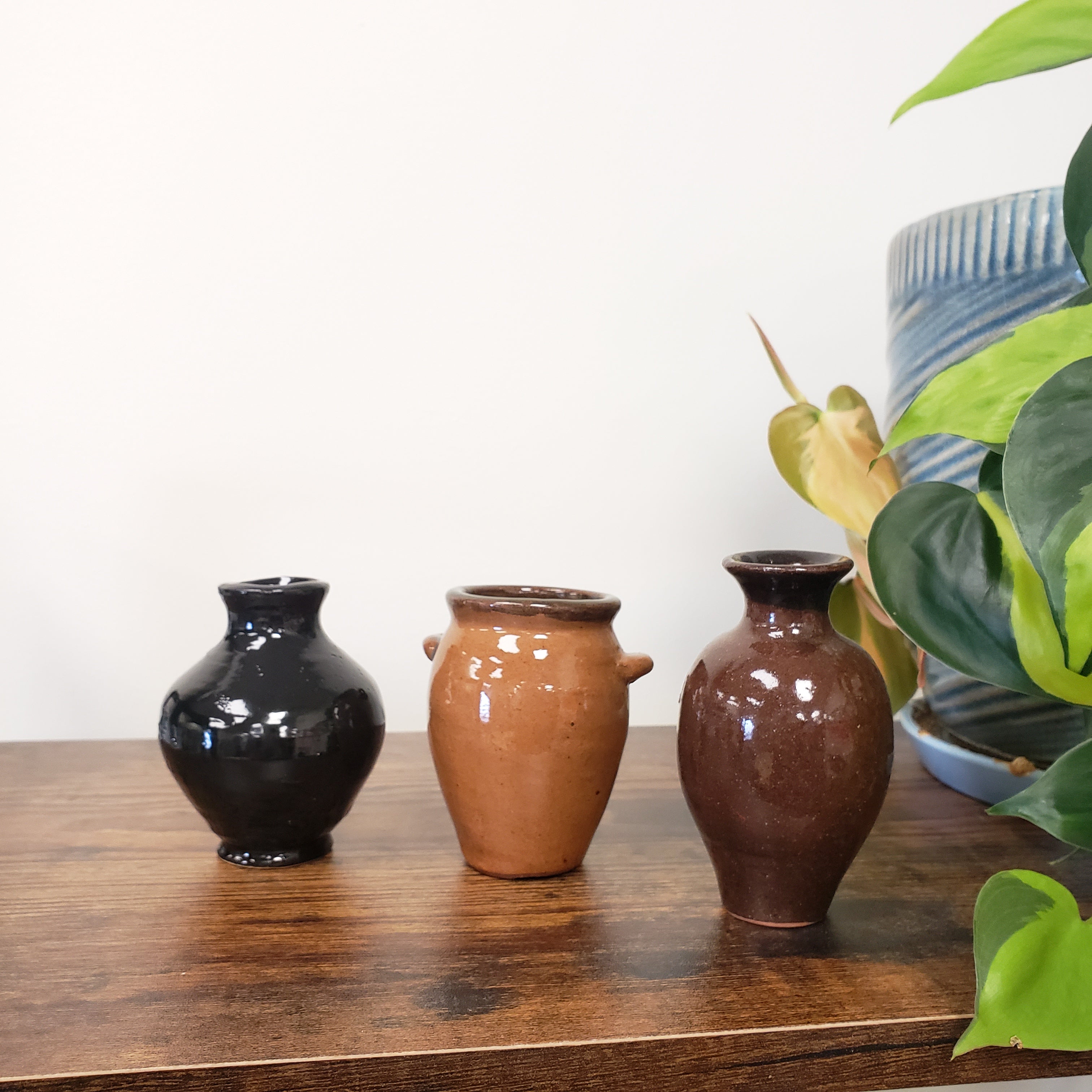 Three ceramic vases of different colors on a wooden surface with a plant in the background.