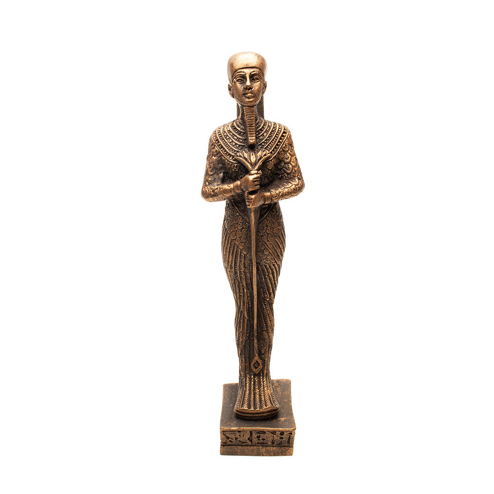 Bronze statue of an Egyptian pharaoh on a white background
