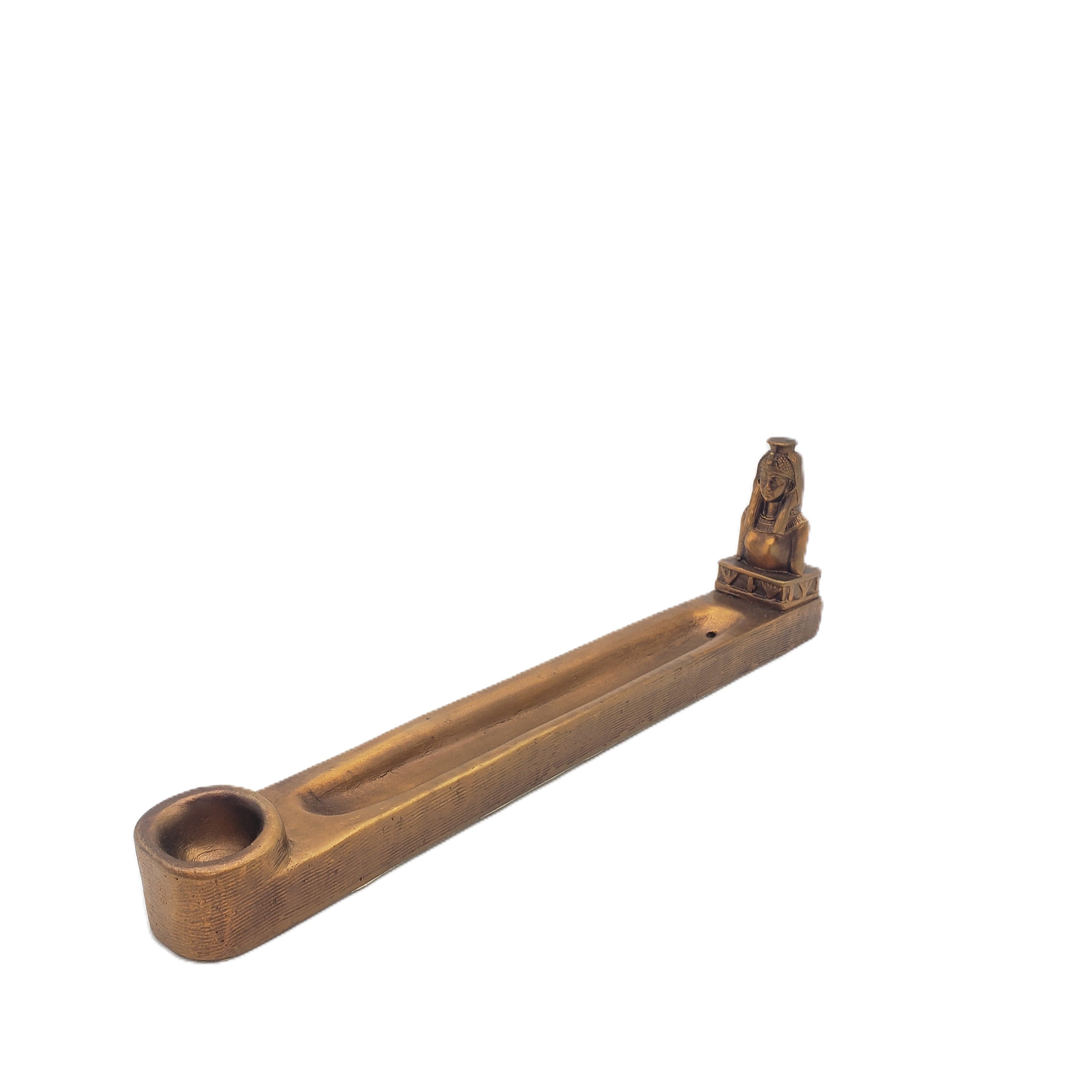 Incense holder with a small statue on top on a white background