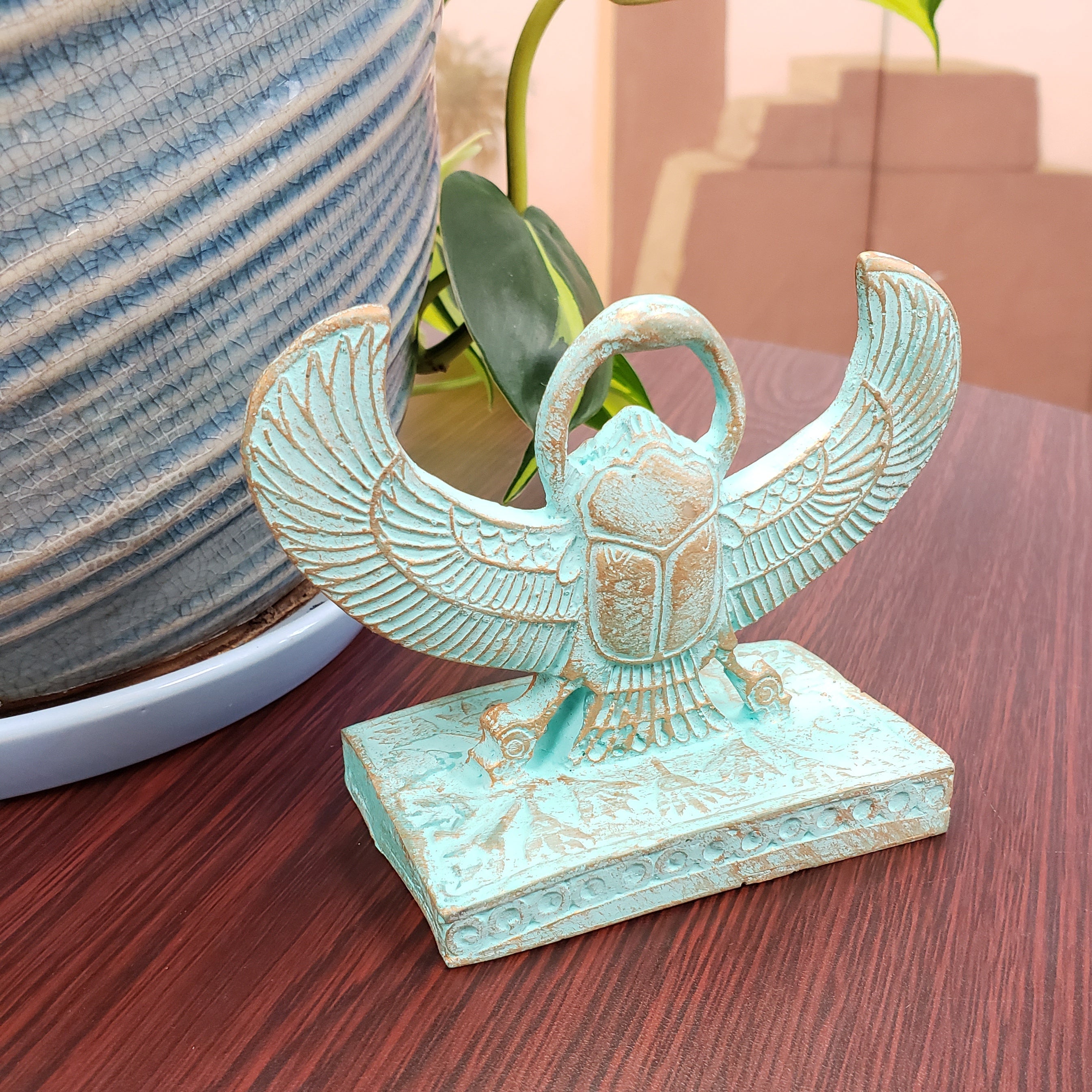 WINGED SCARAB DOUBLE-SIDED PATINA STATUE - 4"