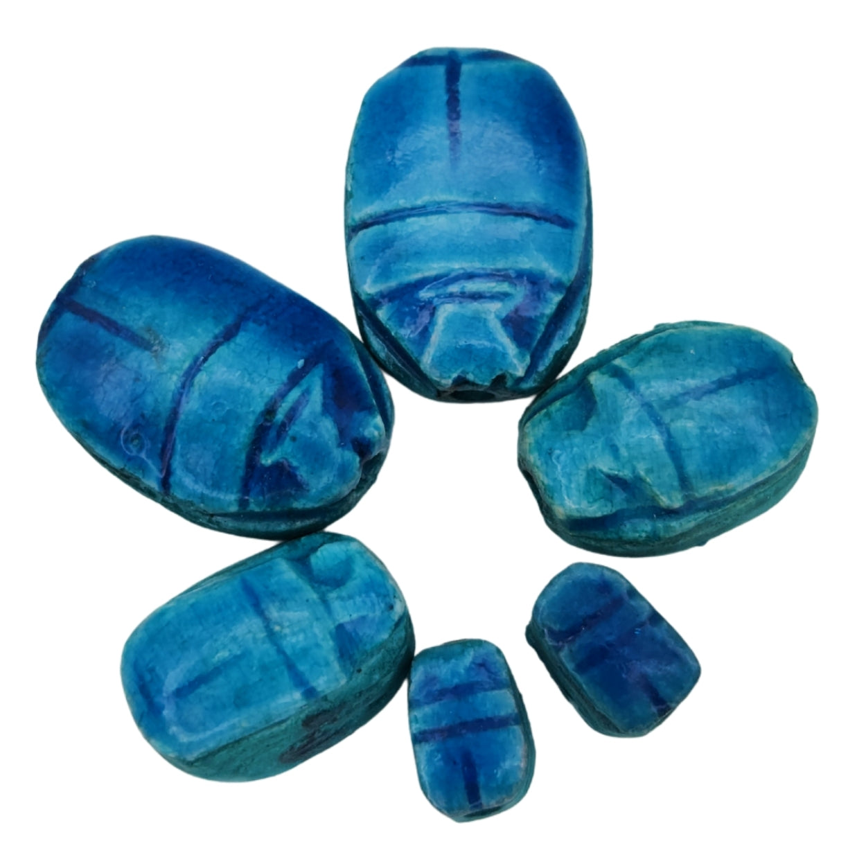 Blue stone scarab beetles on a white background