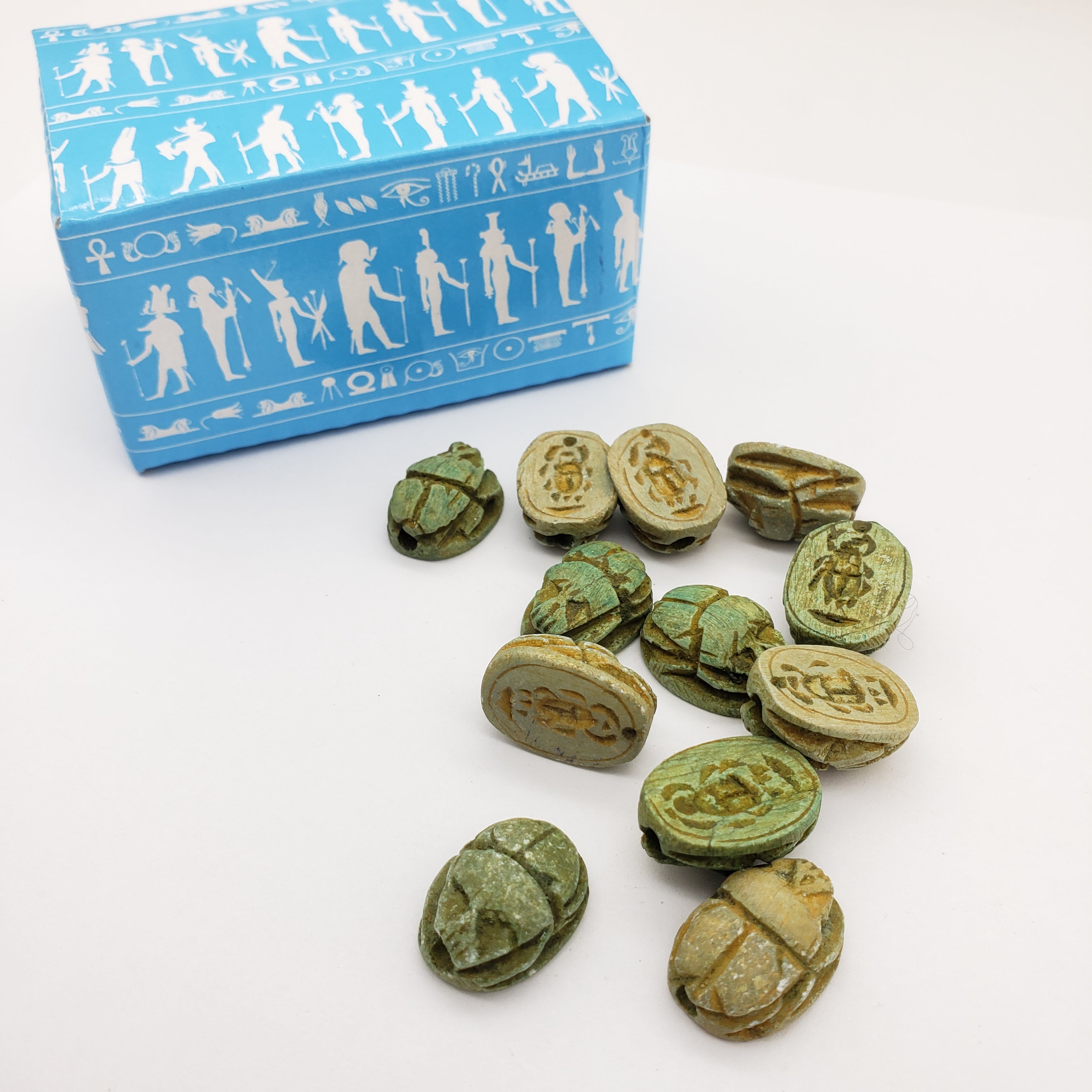 Egyptian Scarab Beads Set of 12 - Green Soapstone - Made in Egypt