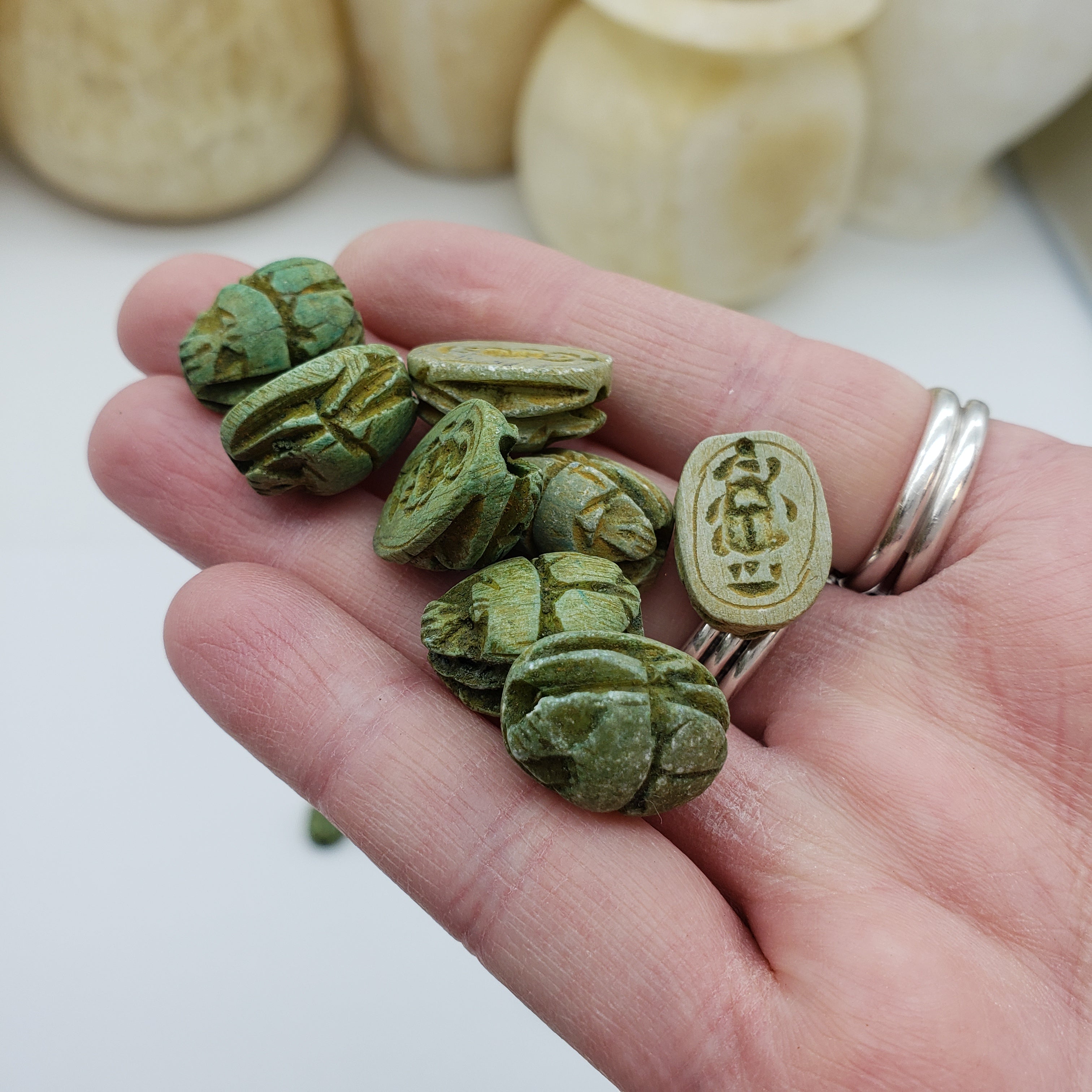 Egyptian Scarab Beads Set of 12 - Green Soapstone - Made in Egypt
