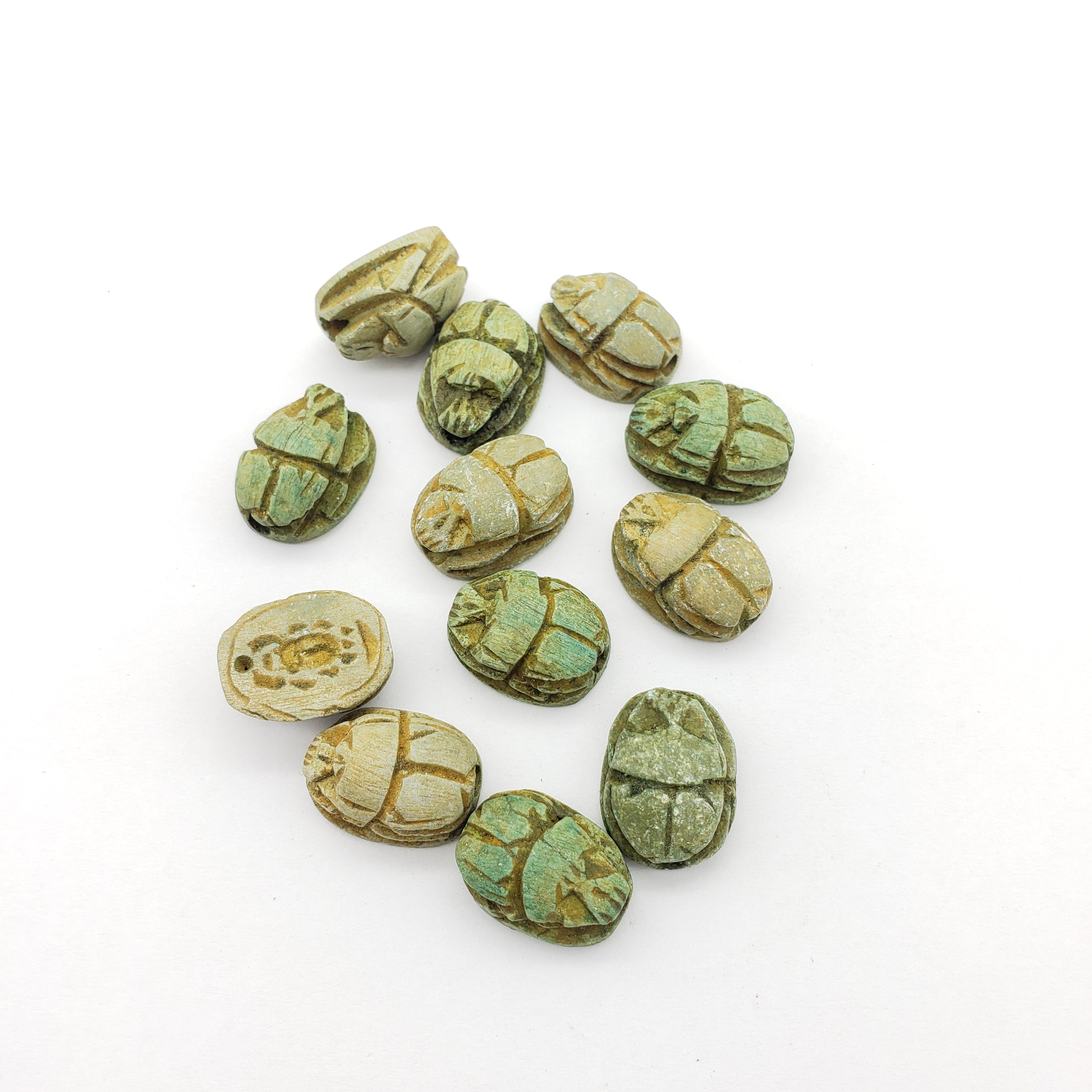 Egyptian Scarab Beads Set of 12 - Green Soapstone - Made in Egypt