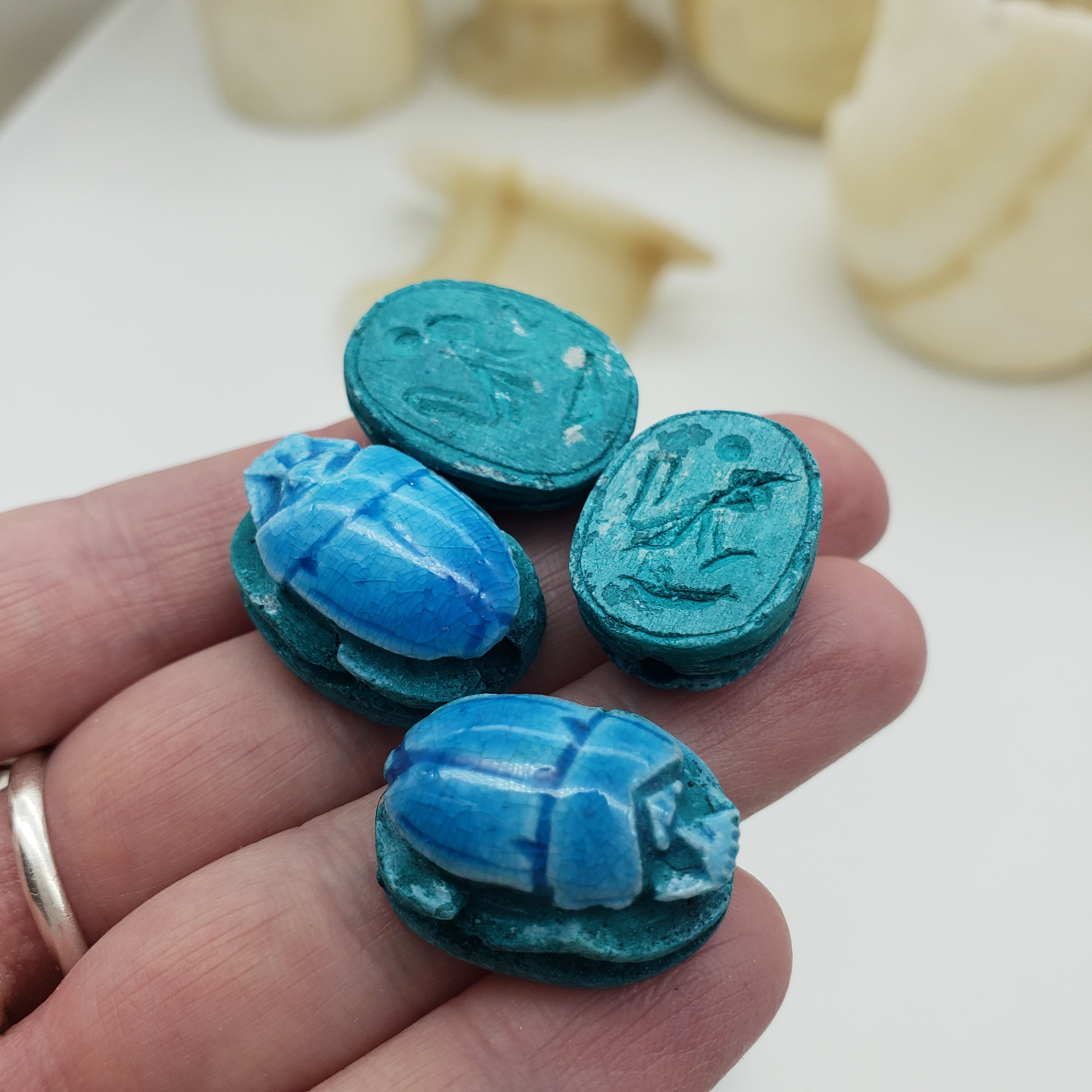 Egyptian Scarab Beads Set of 12 - Light Blue Soapstone - Made in Egypt