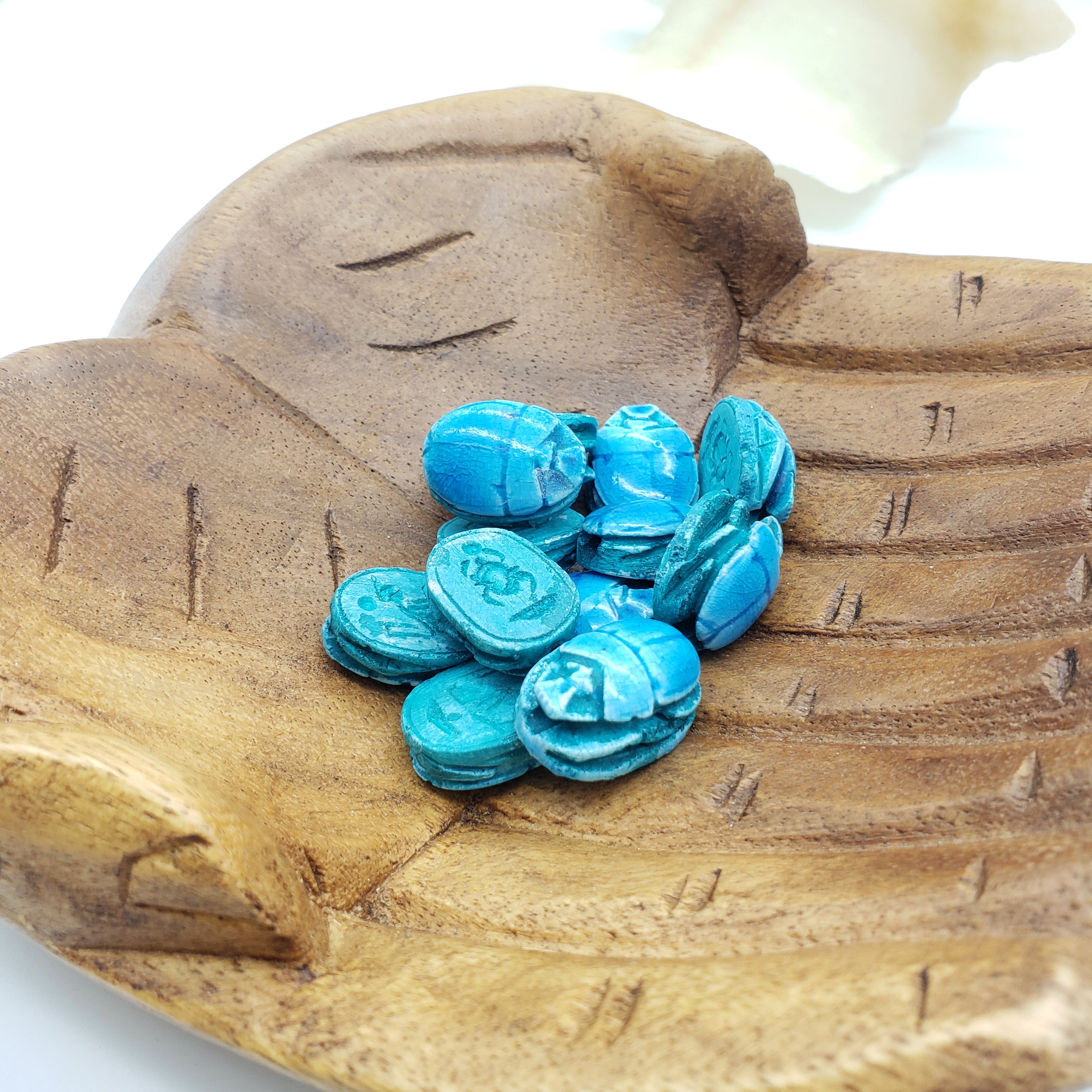 Egyptian Scarab Beads Set of 12 - Light Blue Soapstone - Made in Egypt