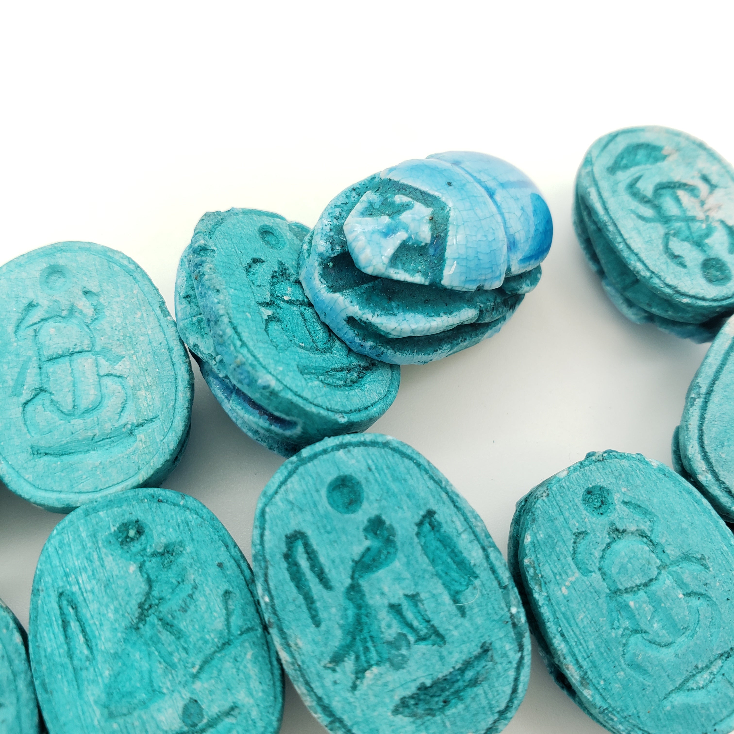 Egyptian Scarab Beads Set of 12 - Light Blue Soapstone - Made in Egypt