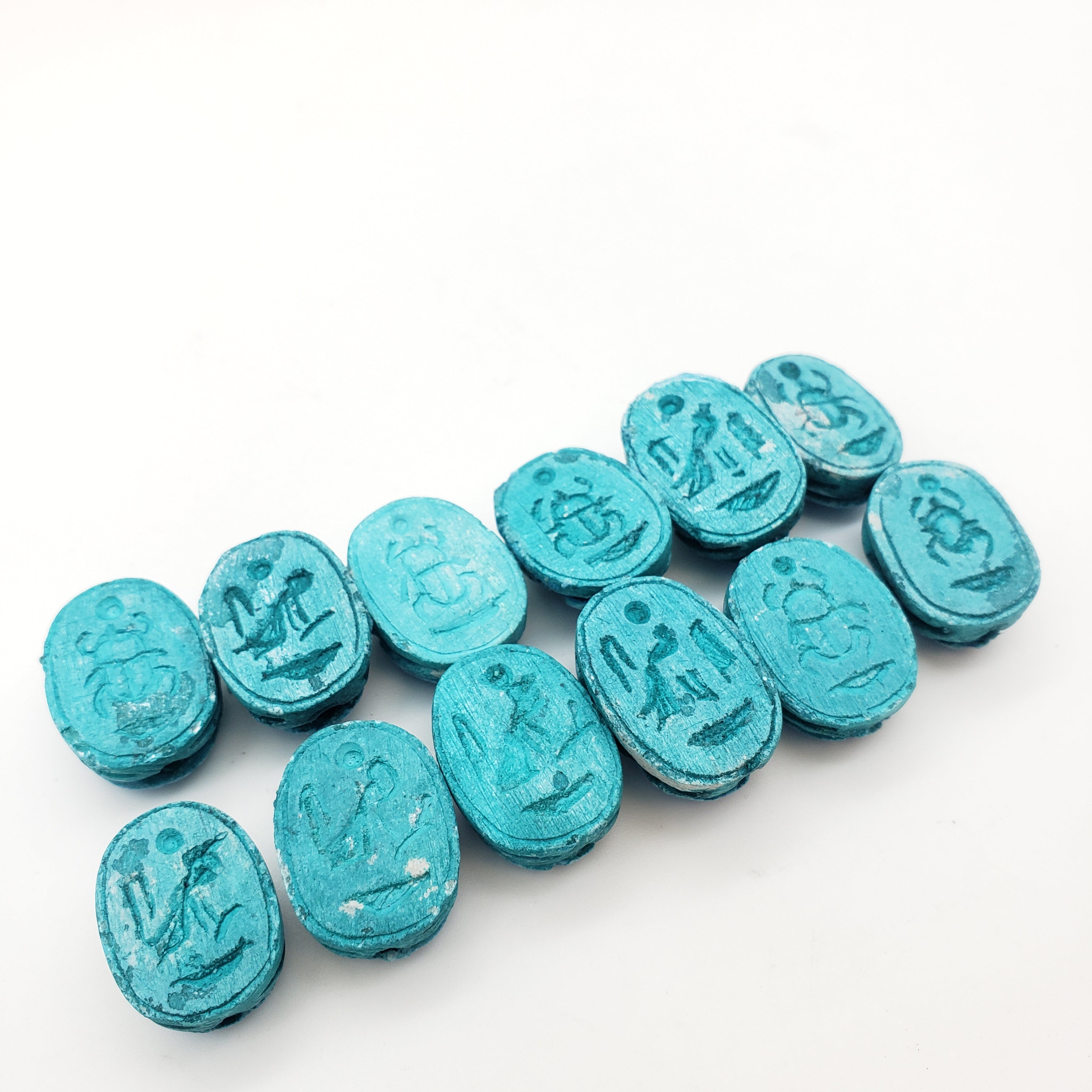 Egyptian Scarab Beads Set of 12 - Light Blue Soapstone - Made in Egypt
