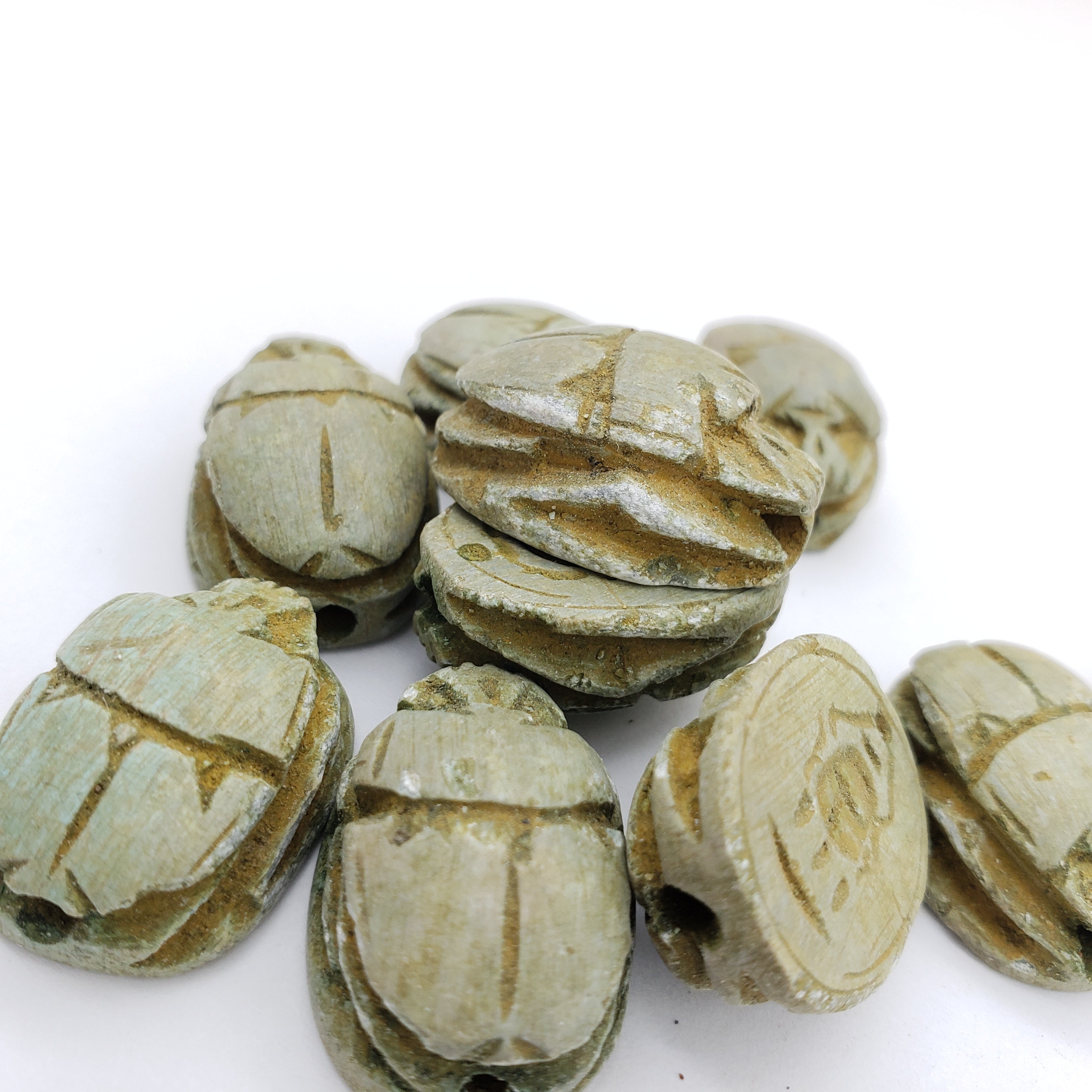 Egyptian Scarab Beads Set of 12 - Green Soapstone - Made in Egypt