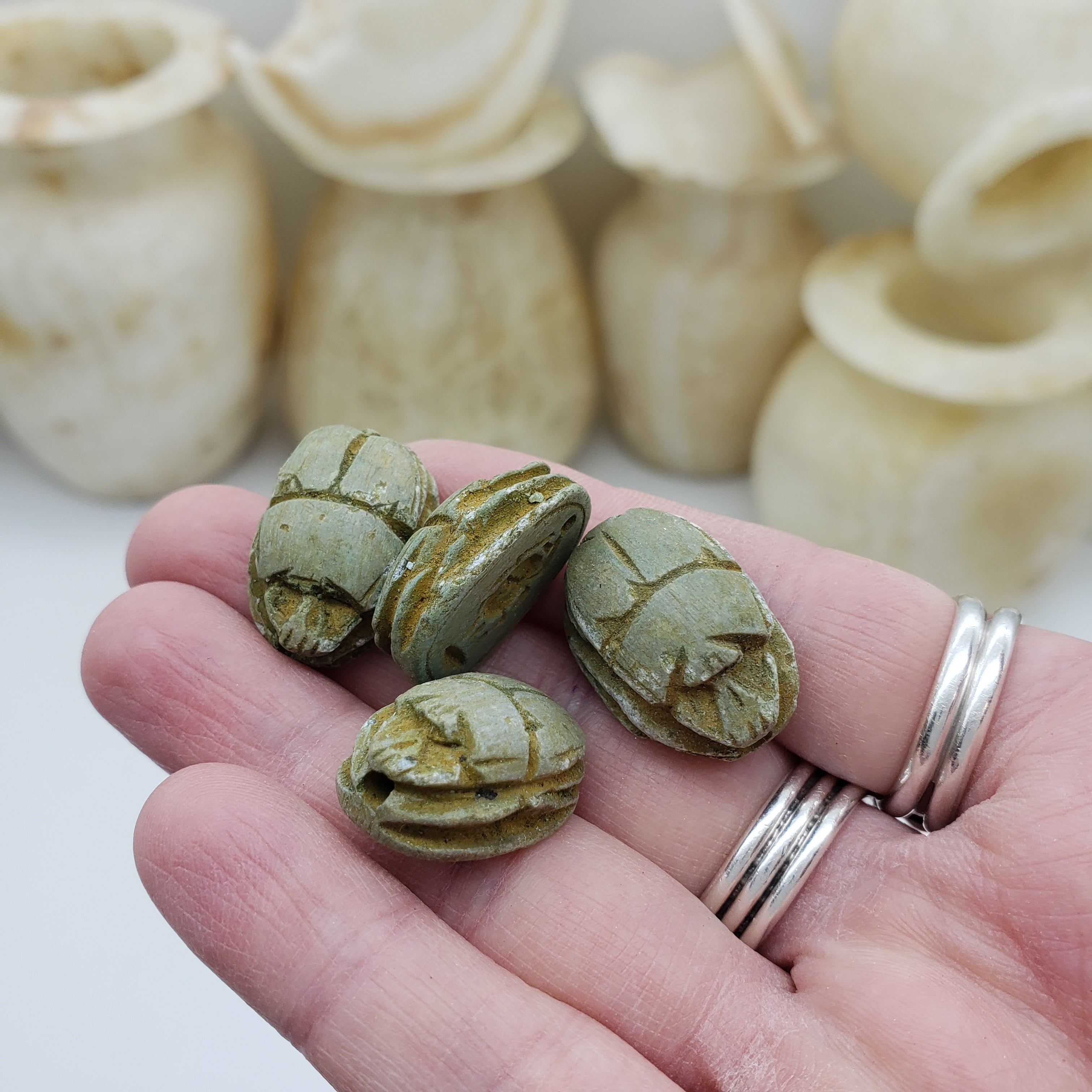 Egyptian Scarab Beads Set of 12 - Green Soapstone - Made in Egypt