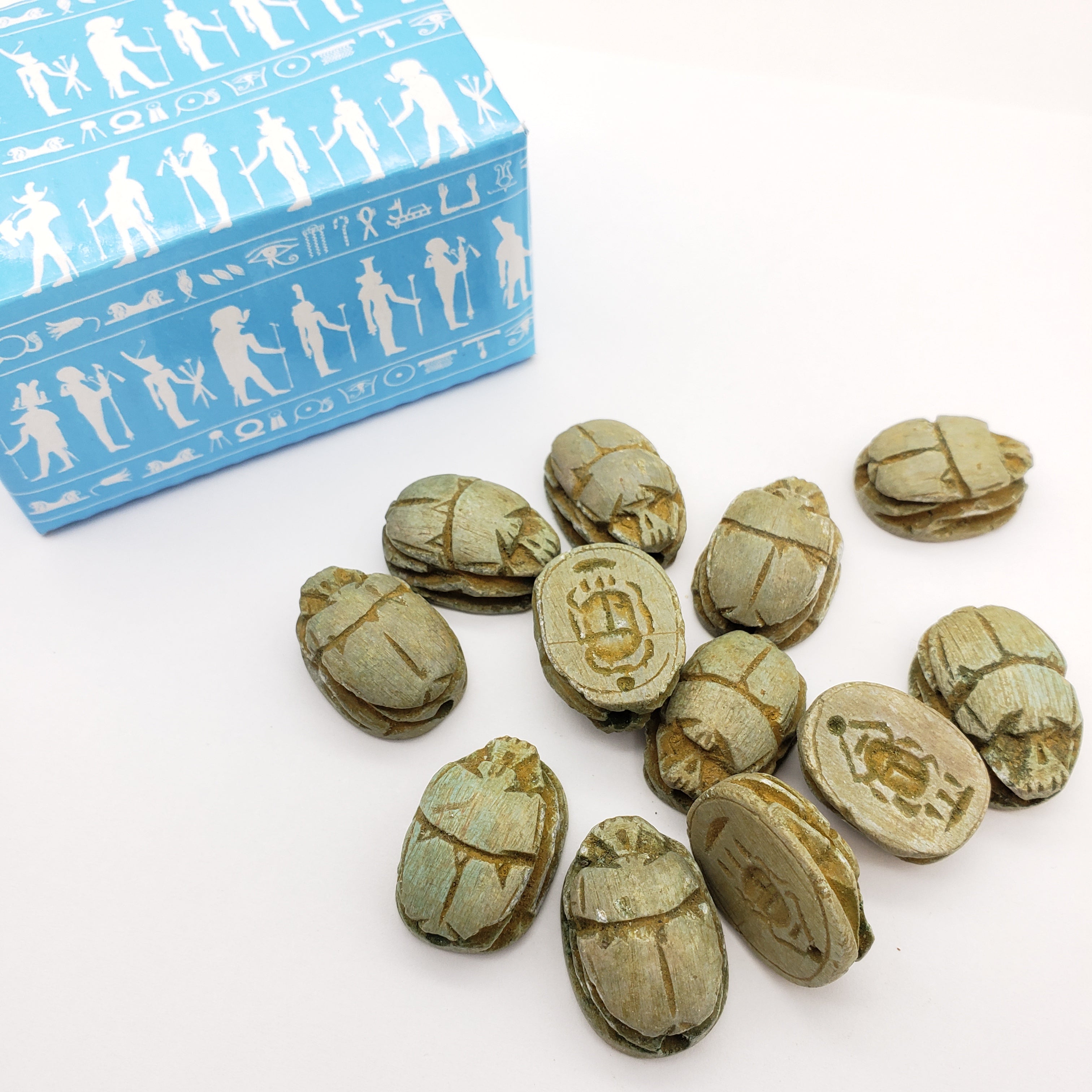 Egyptian Scarab Beads Set of 12 - Green Soapstone - Made in Egypt