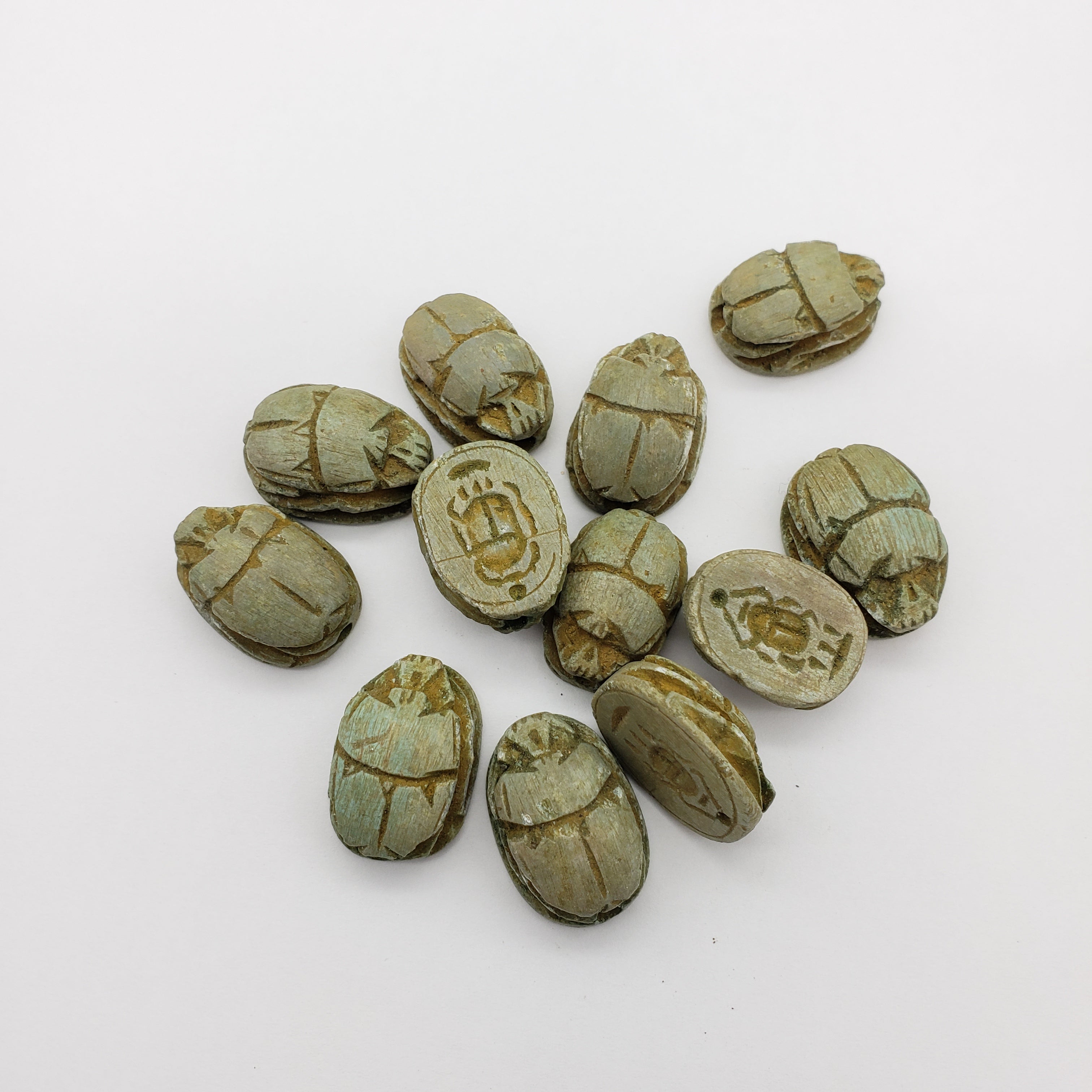 Egyptian Scarab Beads Set of 12 - Green Soapstone - Made in Egypt