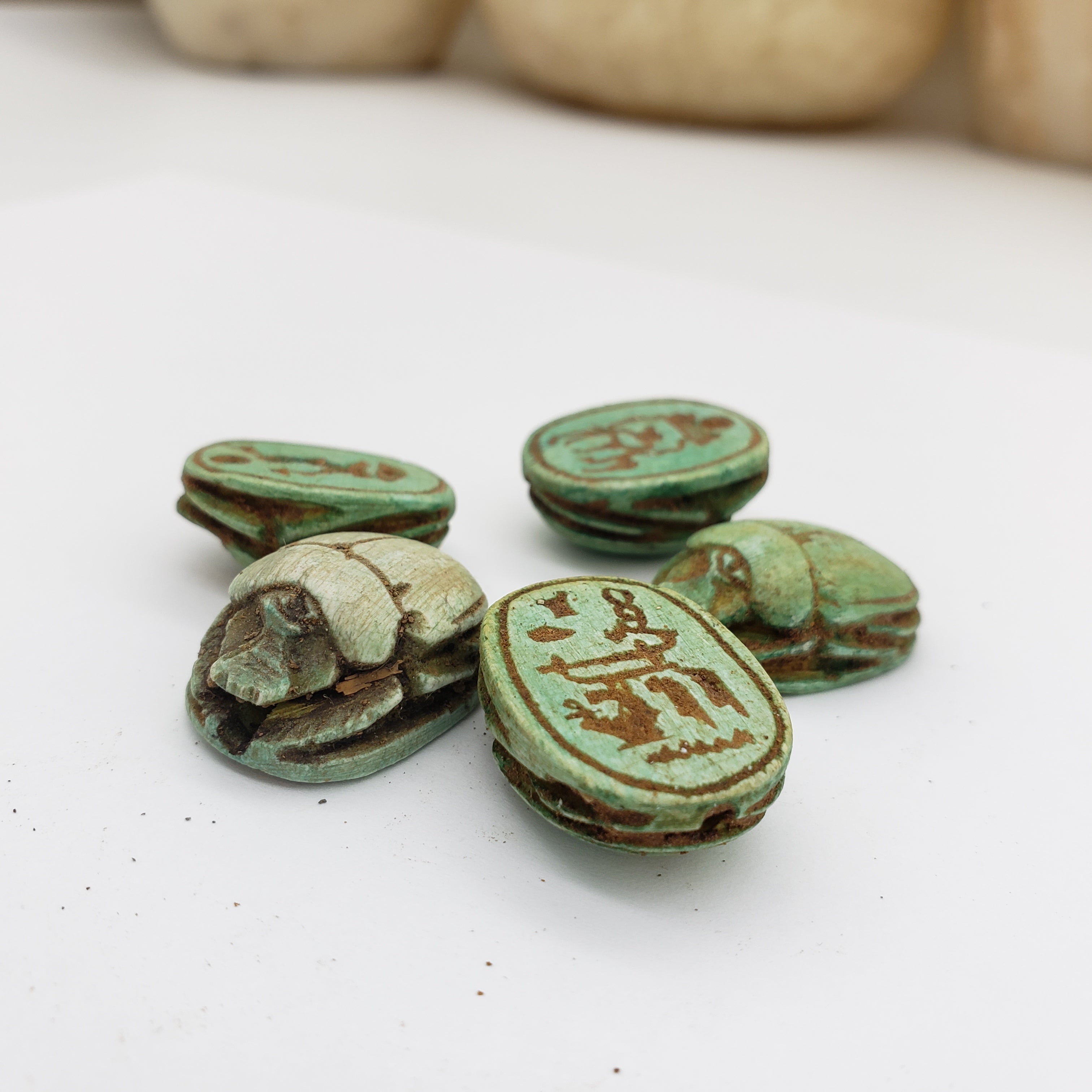Egyptian Scarab Beads Set of 5 - Green Soapstone - Made in Egypt