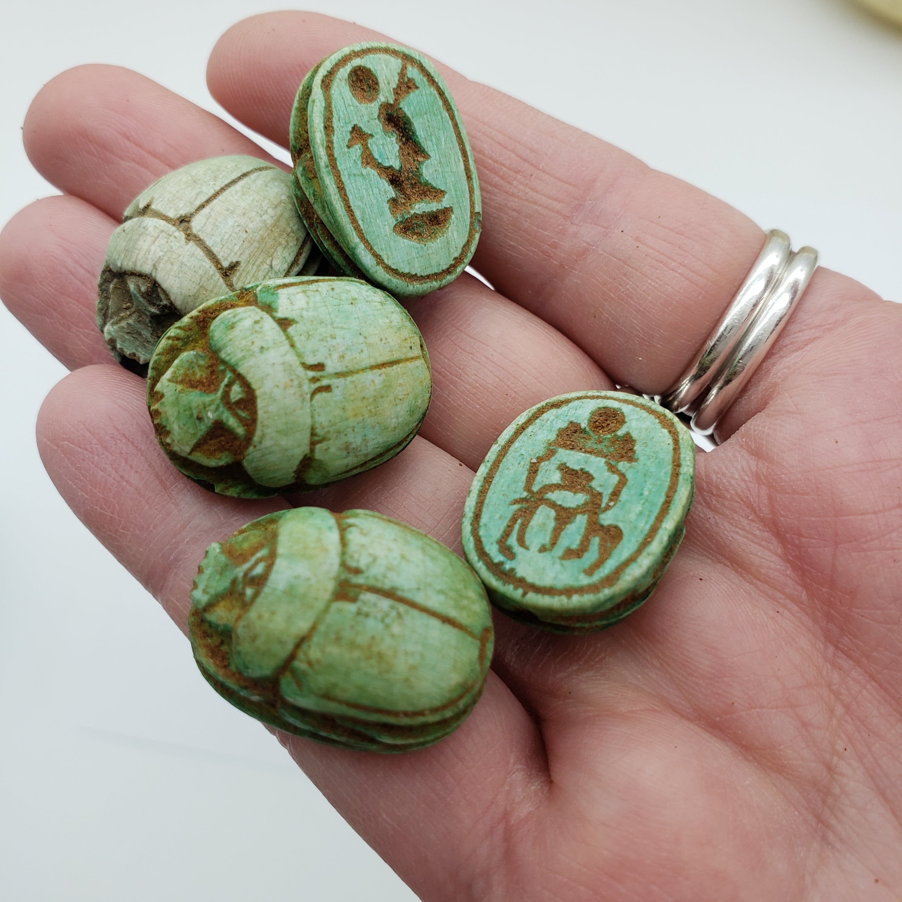 Egyptian Scarab Beads Set of 5 - Green Soapstone - Made in Egypt