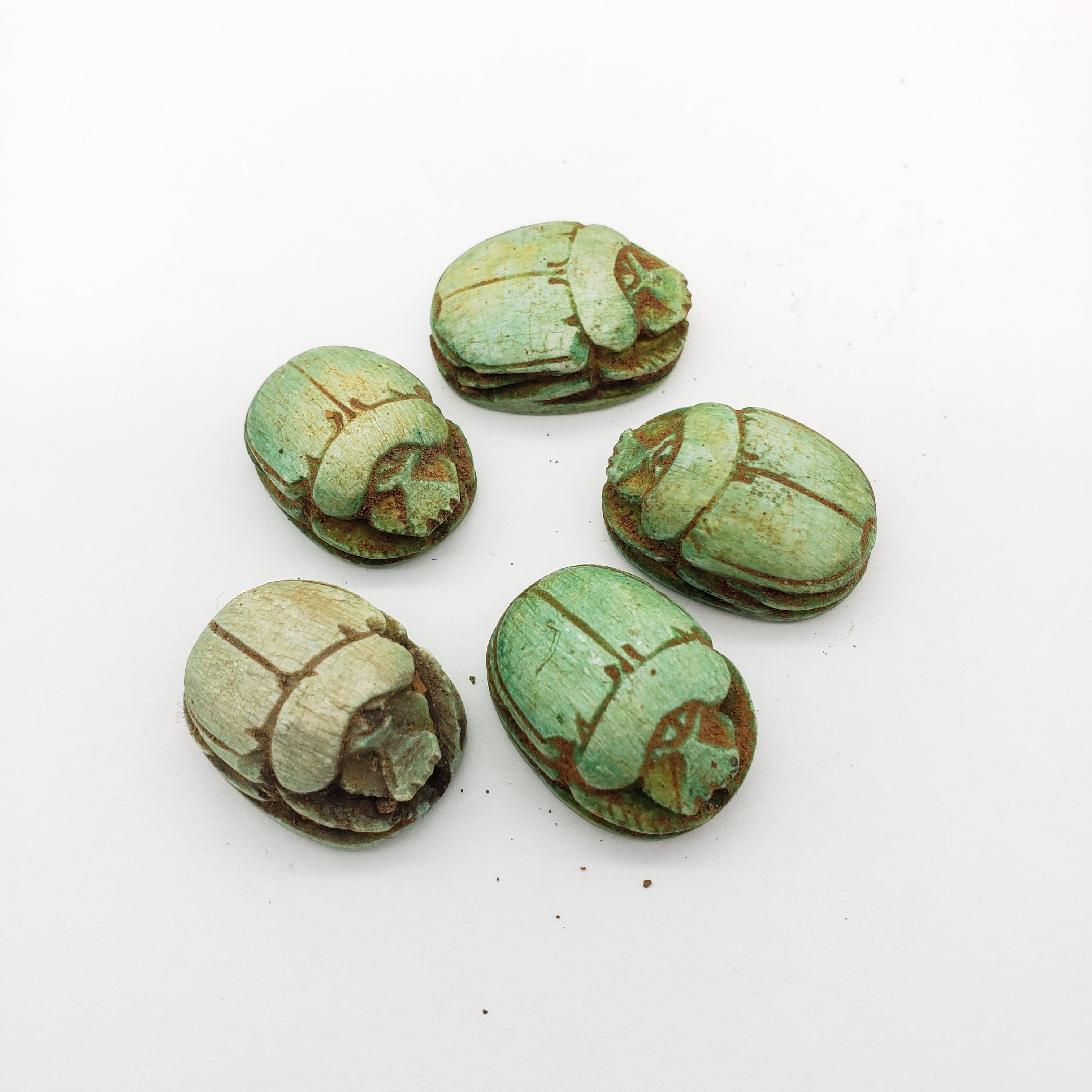 Egyptian Scarab Beads Set of 5 - Green Soapstone - Made in Egypt
