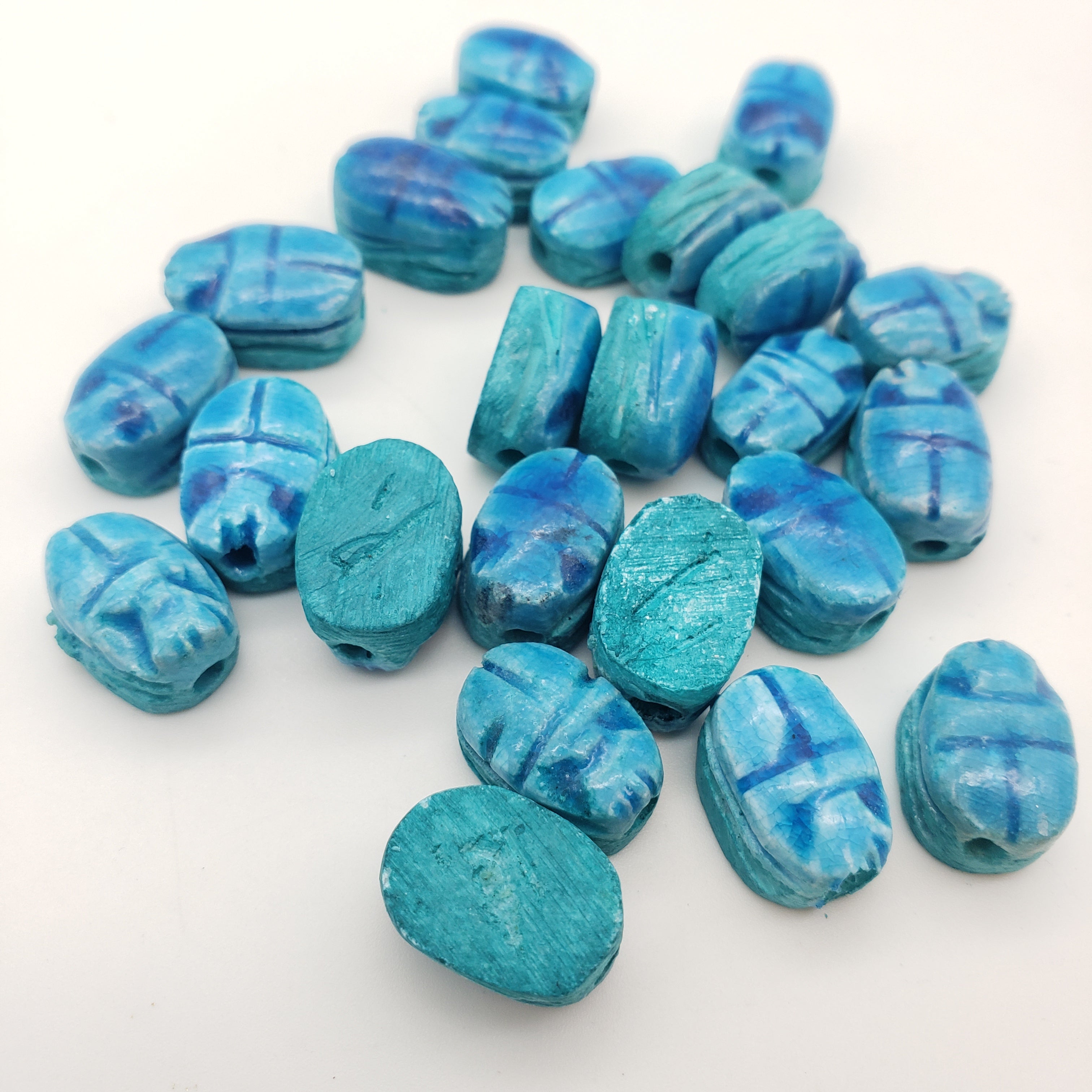 Egyptian Scarab Beads Set of 24 Tiny - Vertical Drilled - Light Blue Soapstone - Made in Egypt