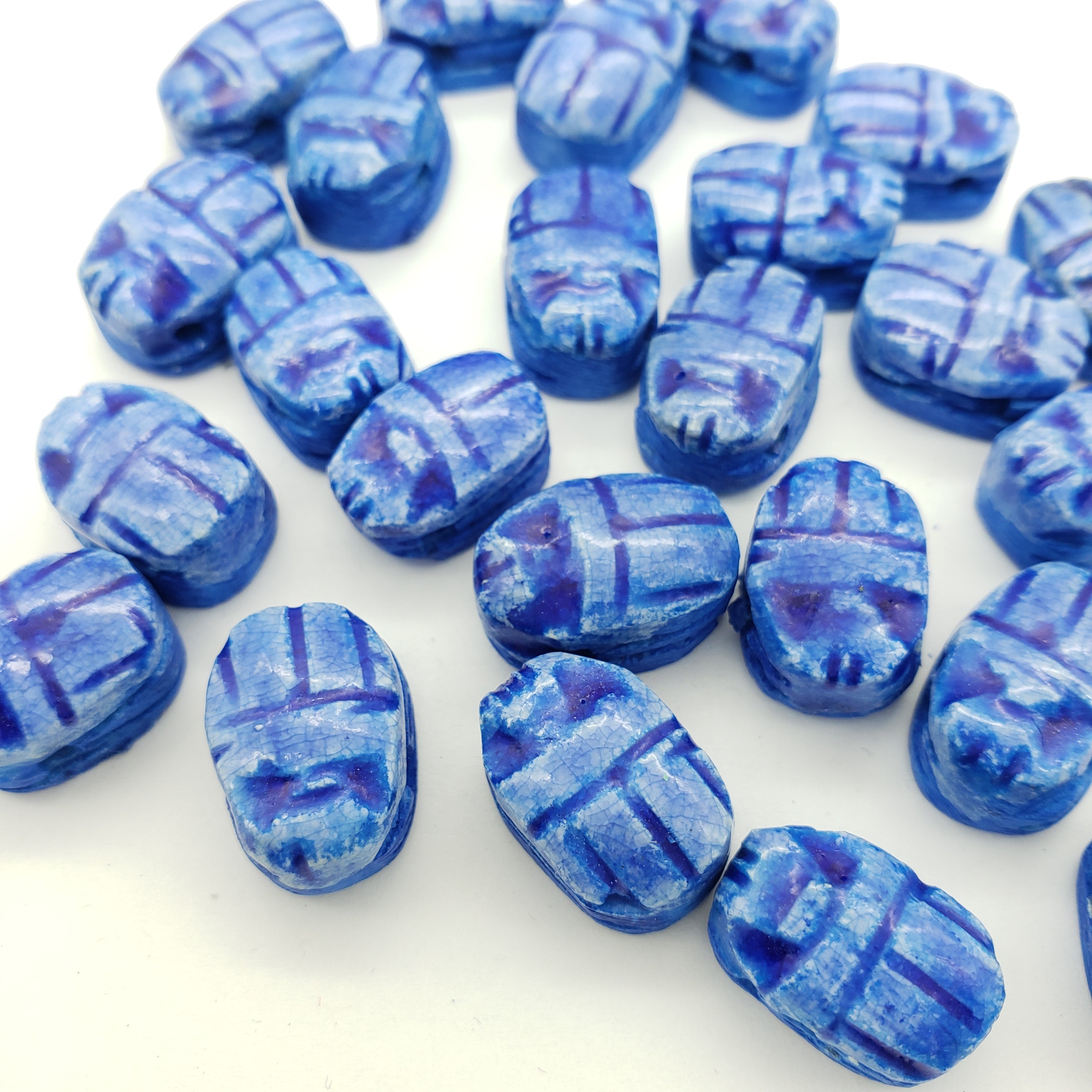 Egyptian Scarab Beads Set of 24 Extra Small - Horizontal Top Side Drilled - Dark Blue - Made in Egypt