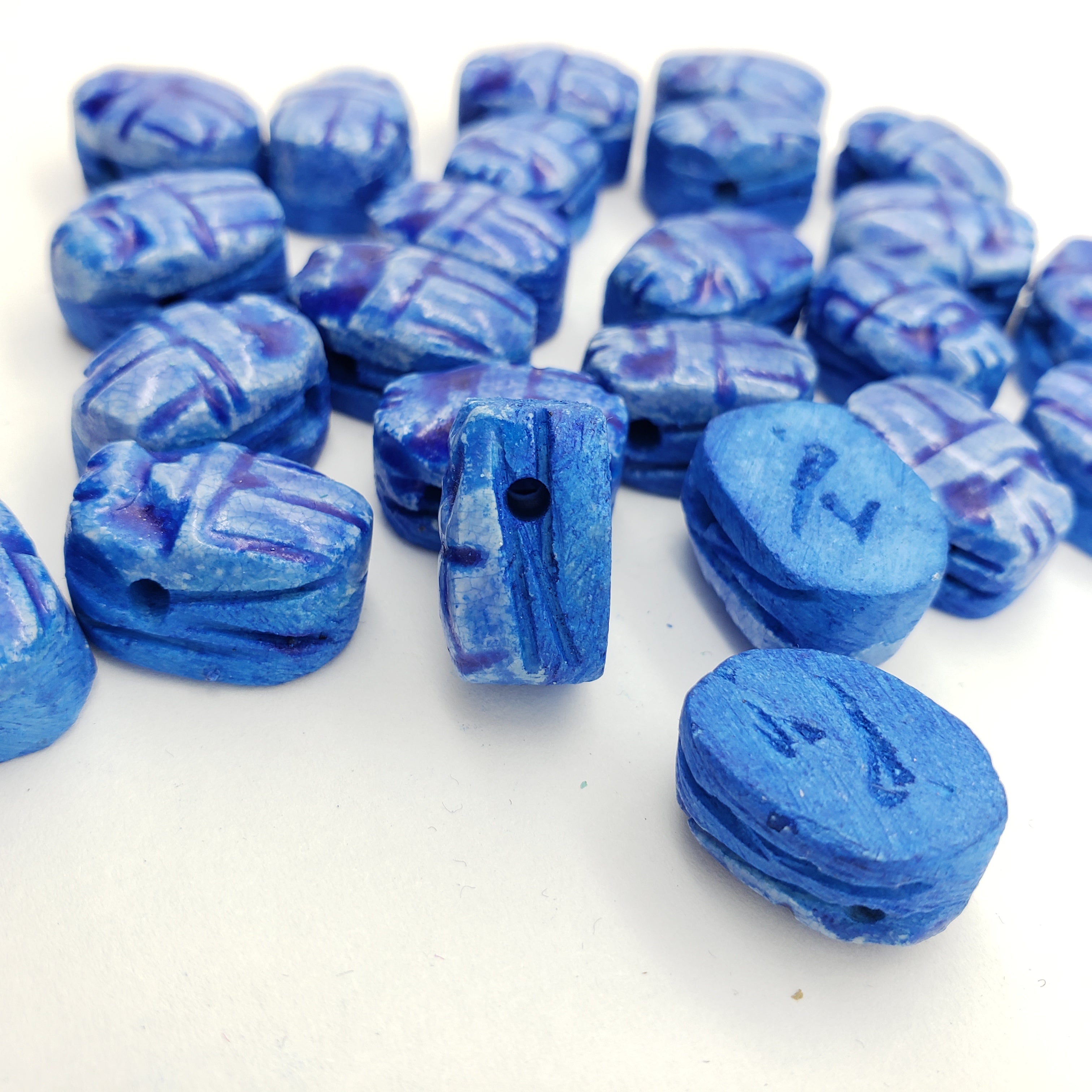 Egyptian Scarab Beads Set of 24 Extra Small - Horizontal Top Side Drilled - Dark Blue - Made in Egypt