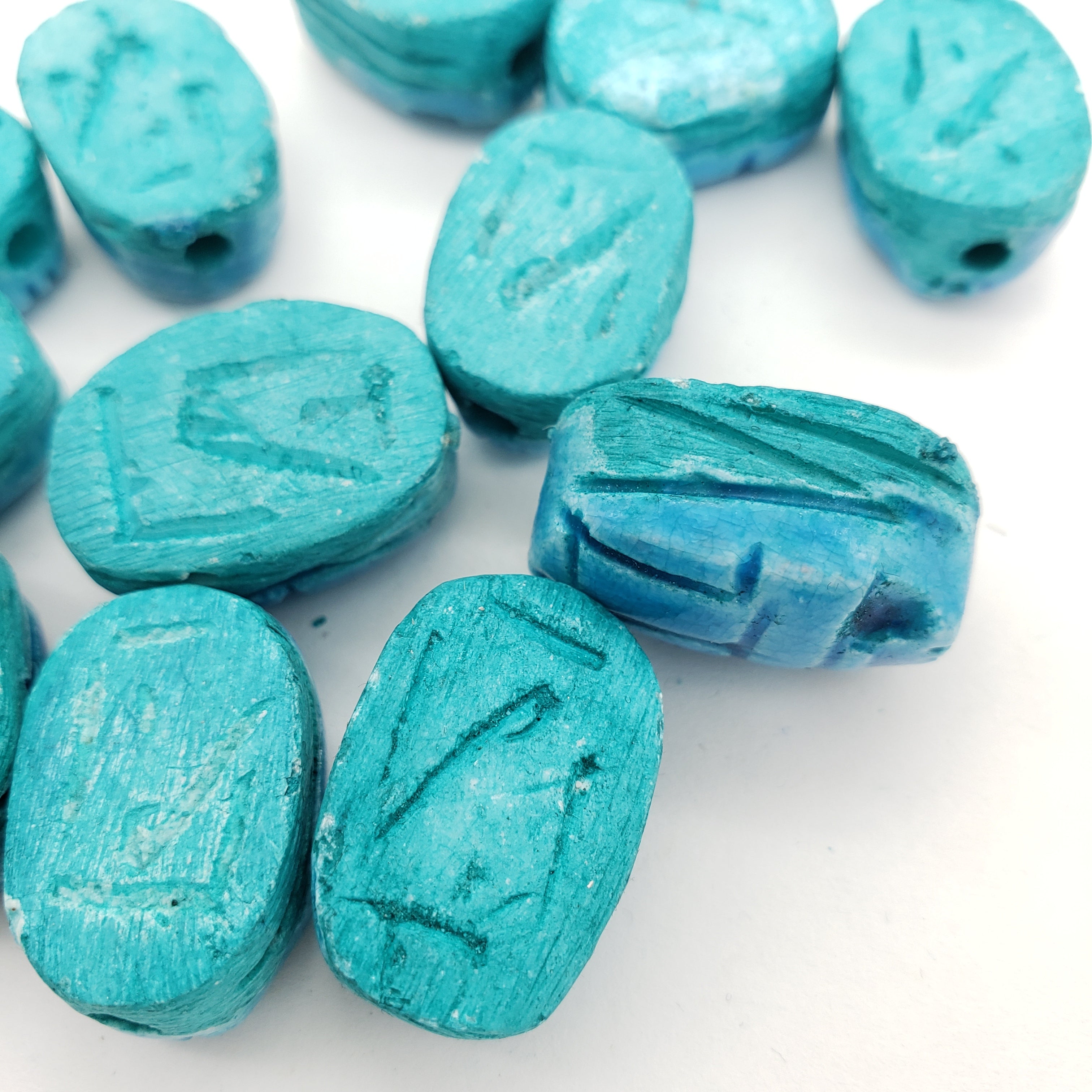 Egyptian Scarab Beads Set of 12 Medium - Vertical Drilled - Light Blue Soapstone - Made in Egypt