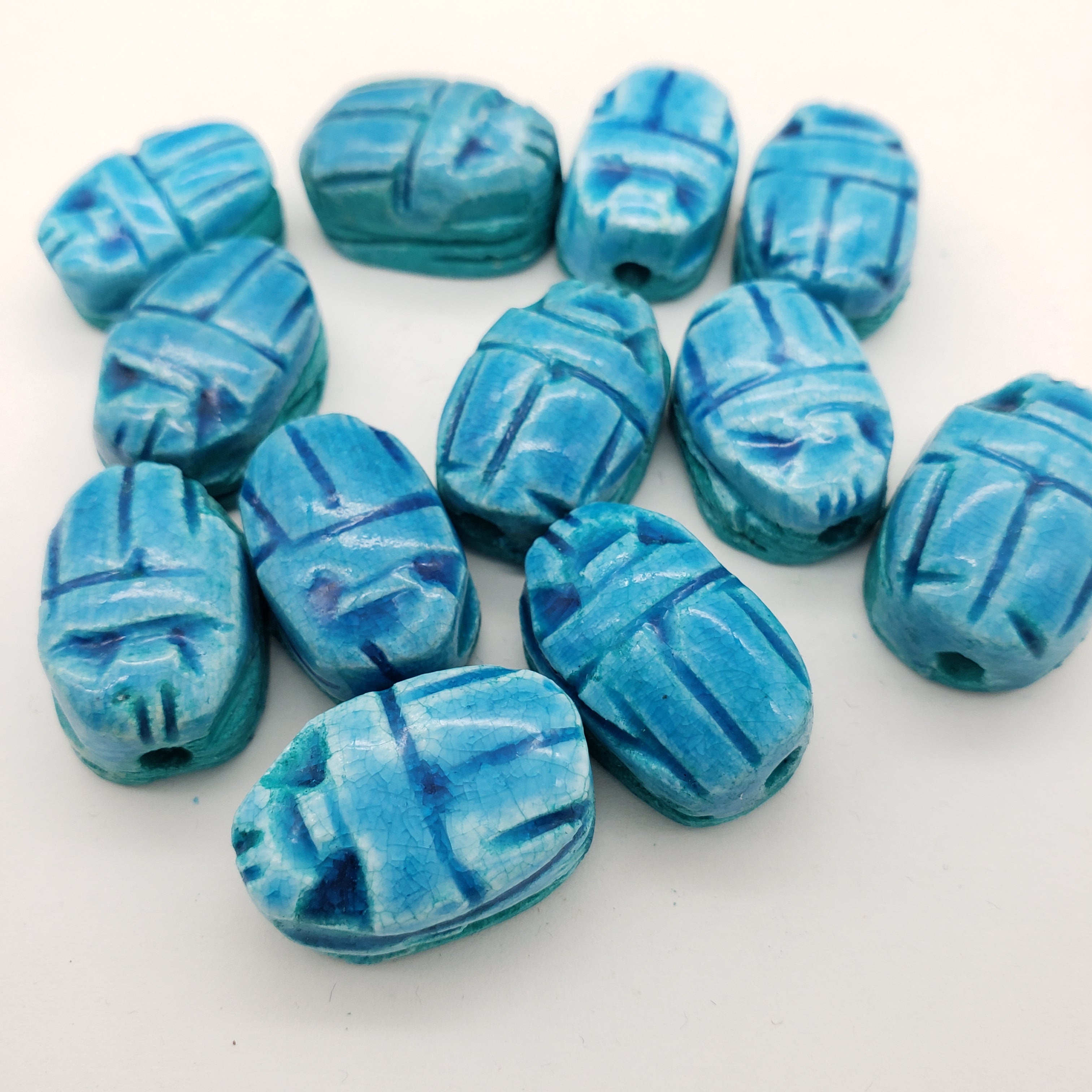 Egyptian Scarab Beads Set of 12 Medium - Vertical Drilled - Light Blue Soapstone - Made in Egypt
