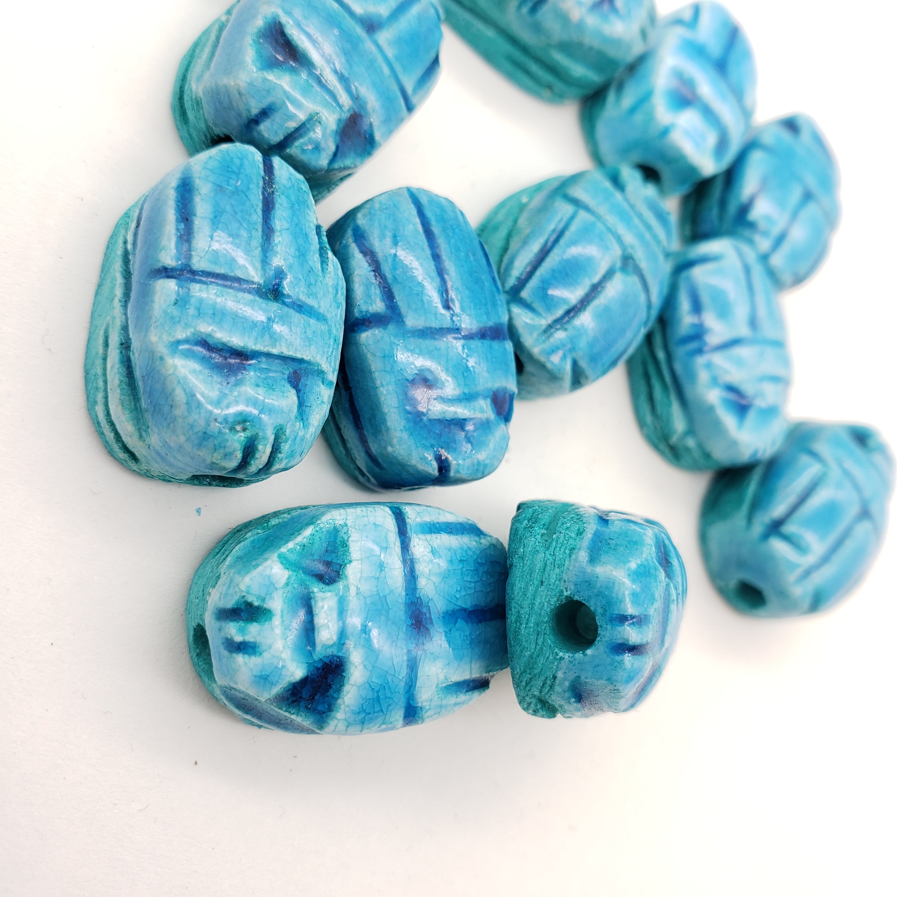 Egyptian Scarab Beads Set of 12 Medium - Vertical Drilled - Light Blue Soapstone - Made in Egypt
