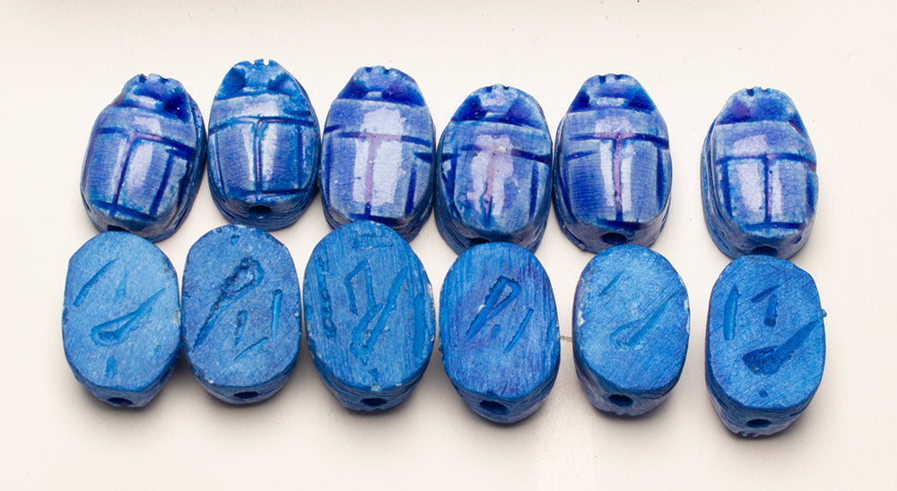 Egyptian Scarab Beads Set of 12 Medium - Vertical Drilled - Dark Blue Soapstone - Made in Egypt