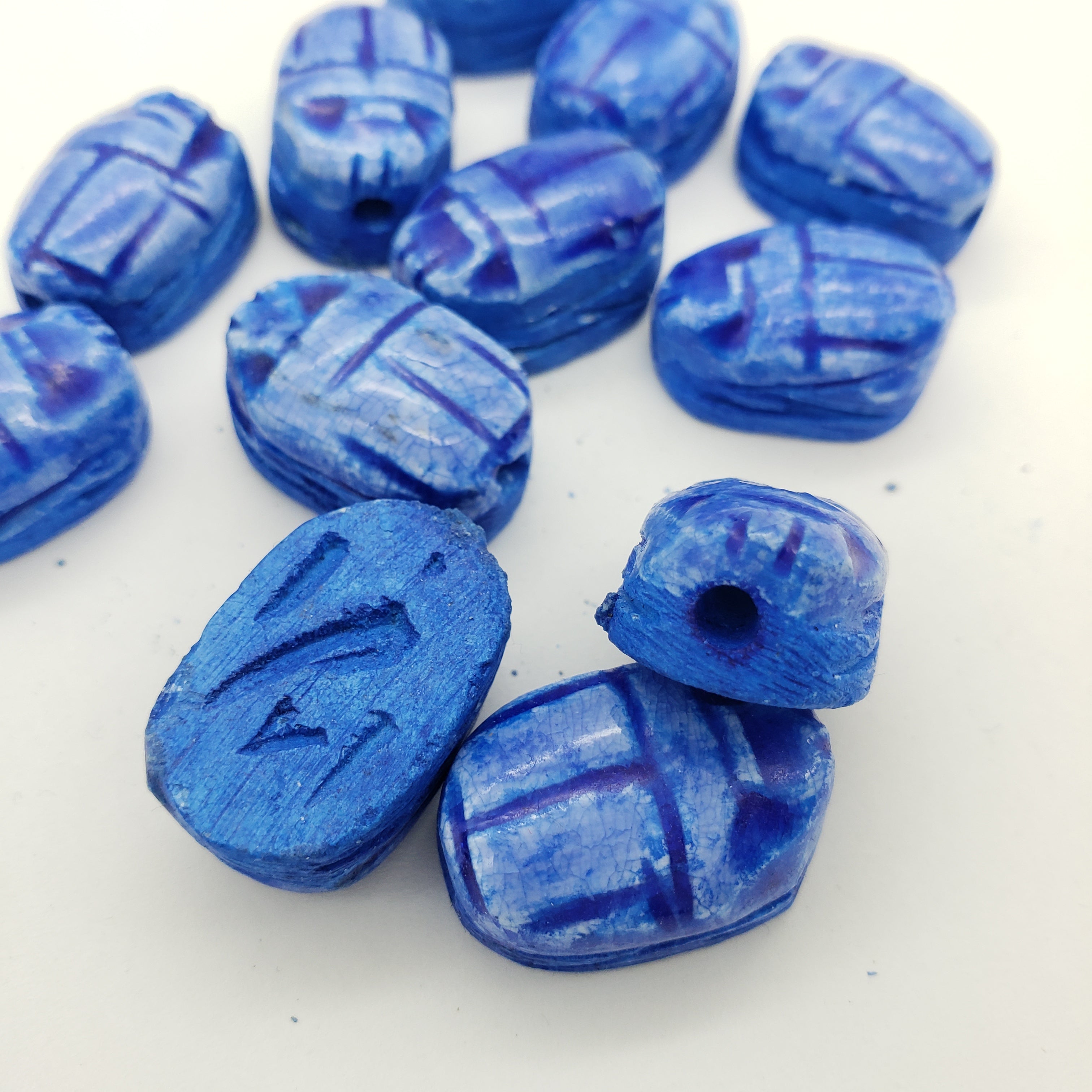 Egyptian Scarab Beads Set of 12 Medium - Vertical Drilled - Dark Blue Soapstone - Made in Egypt