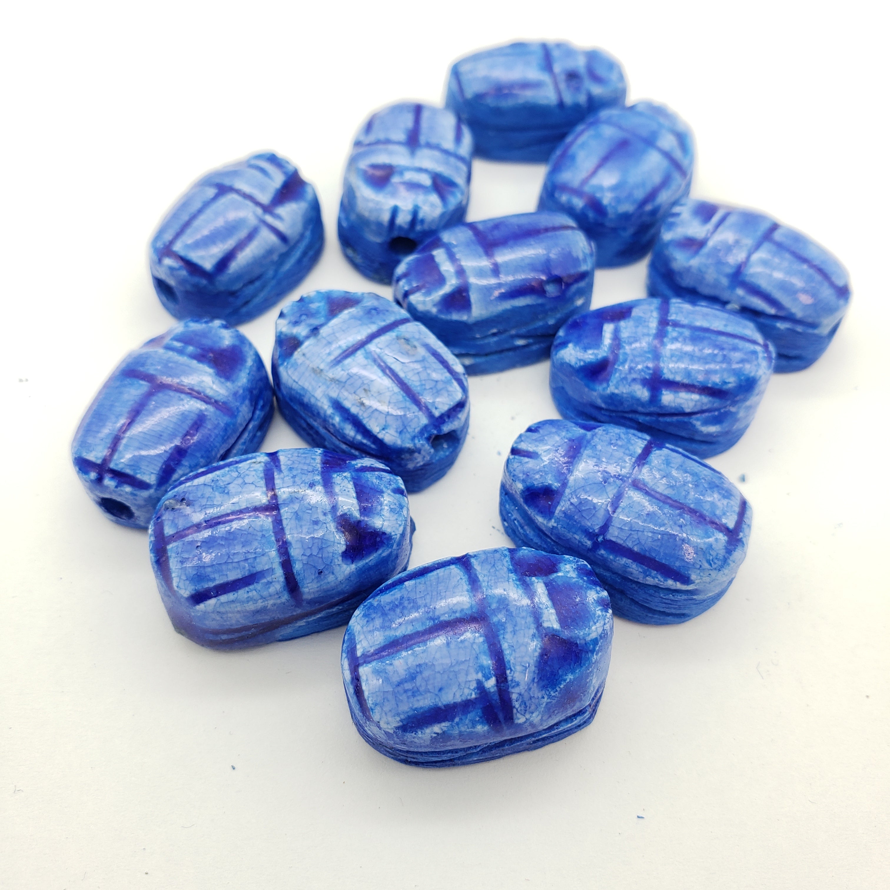 Egyptian Scarab Beads Set of 12 Medium - Vertical Drilled - Dark Blue Soapstone - Made in Egypt