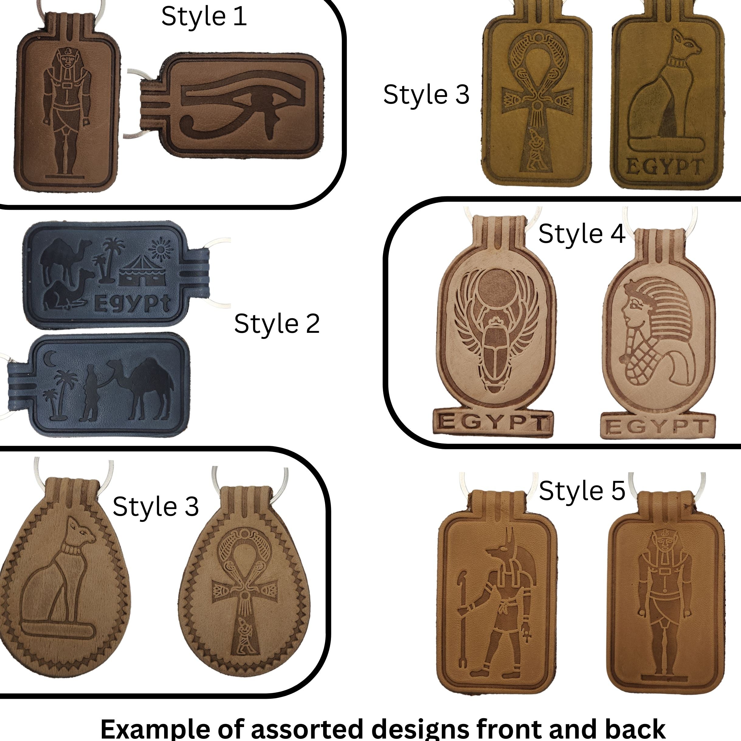 A collage showing five labeled style options for Egyptian-themed pendant or tag designs, including front and back views. Styles 1, 3, and 5 are tan/brown, while style 2 is dark gray and style 4 is light tan.