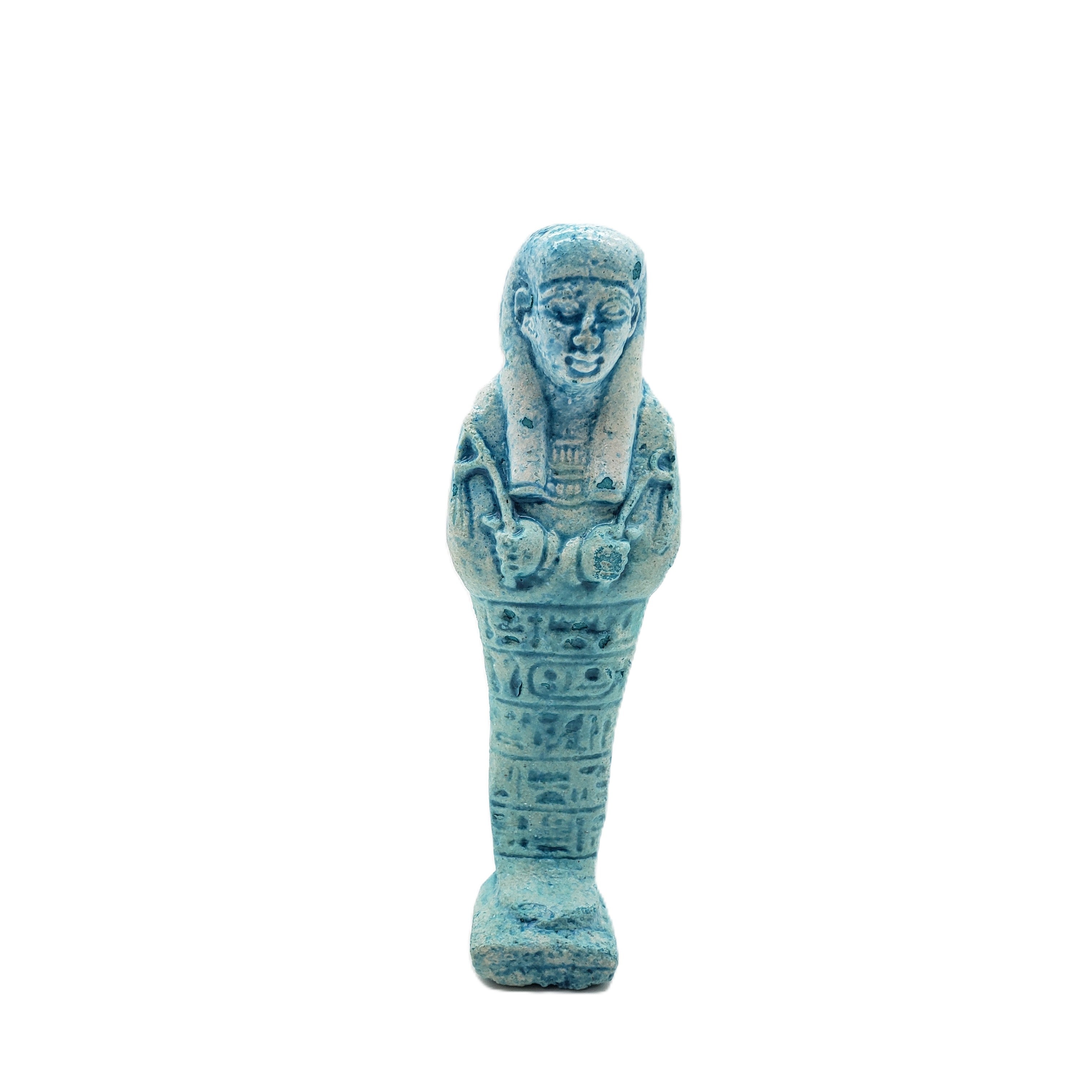 Blue Egyptian-style figurine on a white background