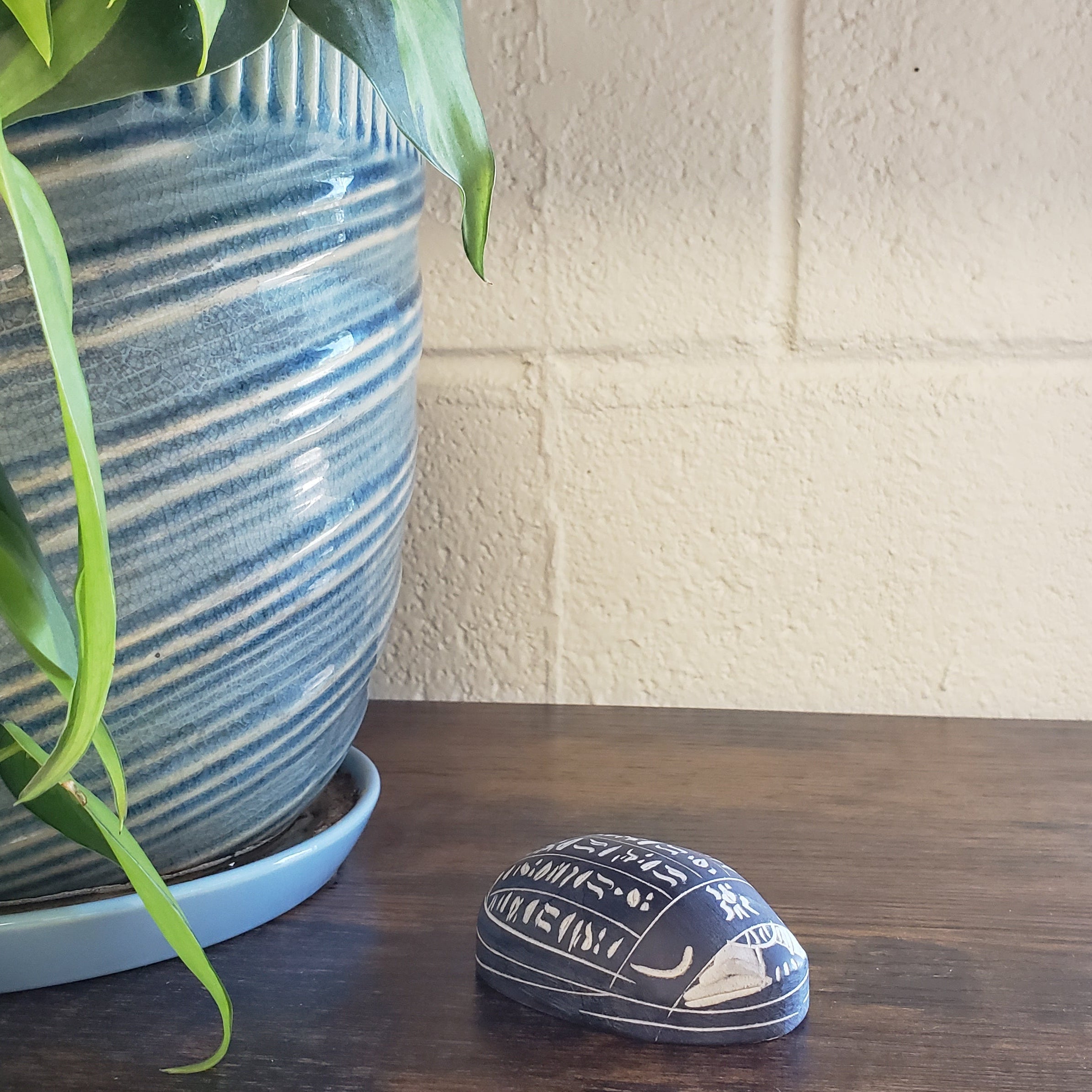 Decorative scarab with a plant and textured wall background